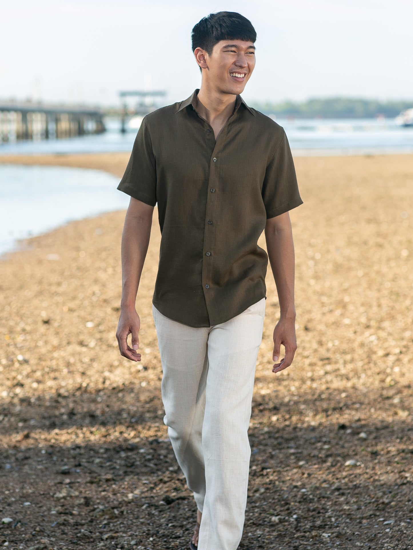 Mens Linen Earth Shirt Short Sleeve Natural Dye Carob Brown Beach Wedding Full