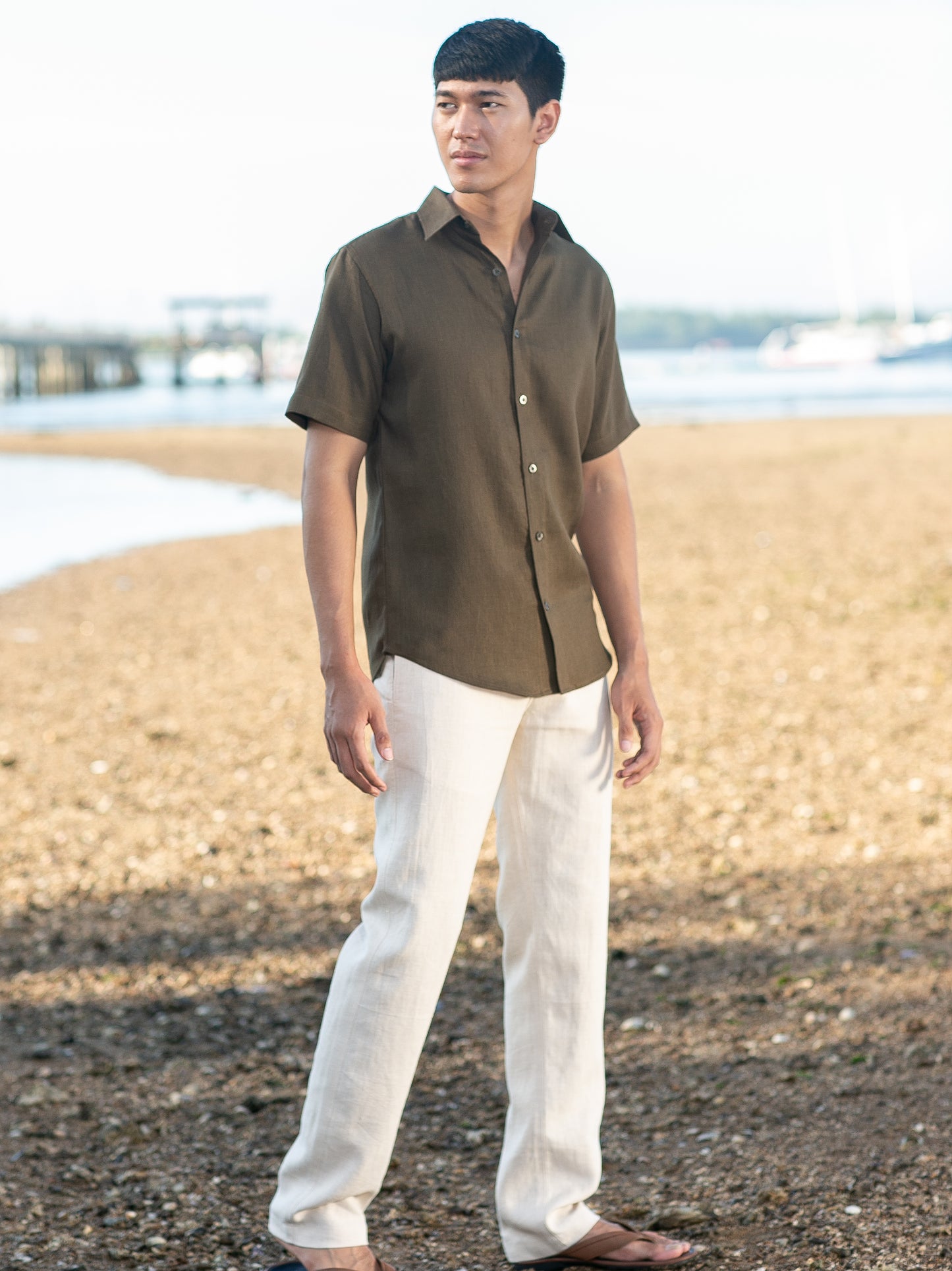 Mens Linen Earth Shirt Short Sleeve Natural Dye Carob Brown Beach Wedding Full