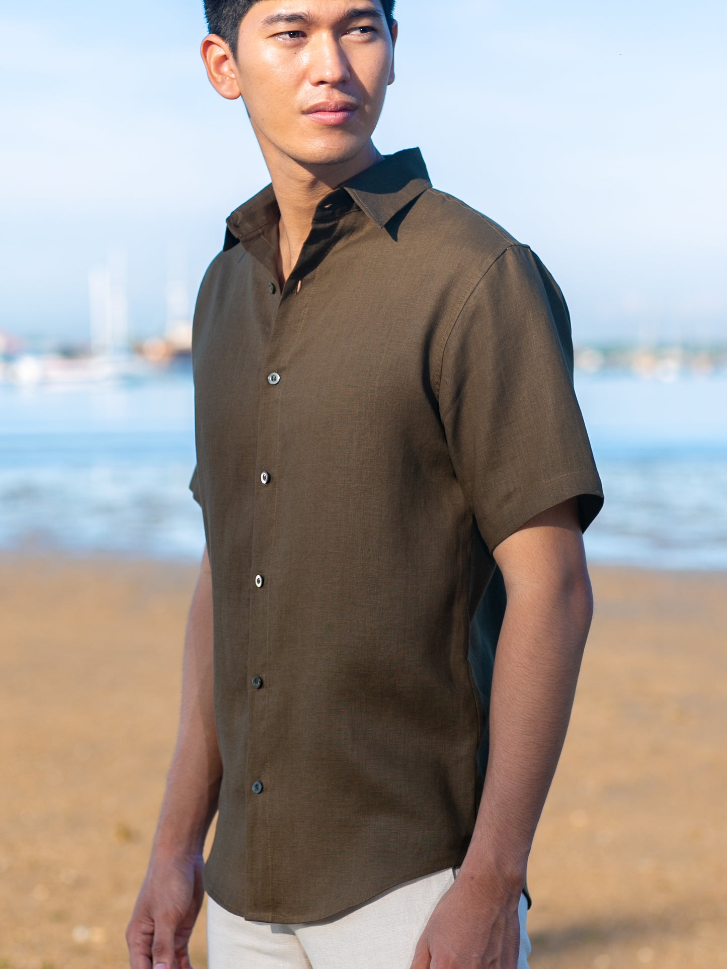Mens Linen Earth Shirt Short Sleeve Natural Dye Carob Brown Beach Wedding
