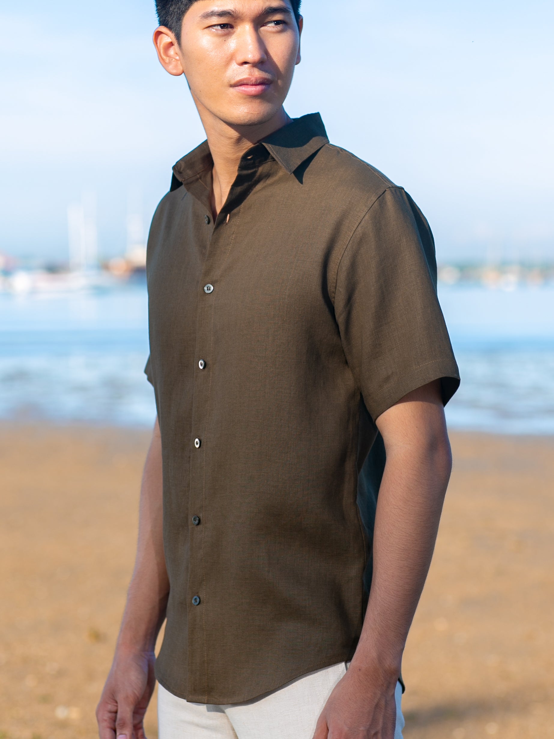 Mens Linen Earth Shirt Short Sleeve Natural Dye Carob Brown Beach Wedding