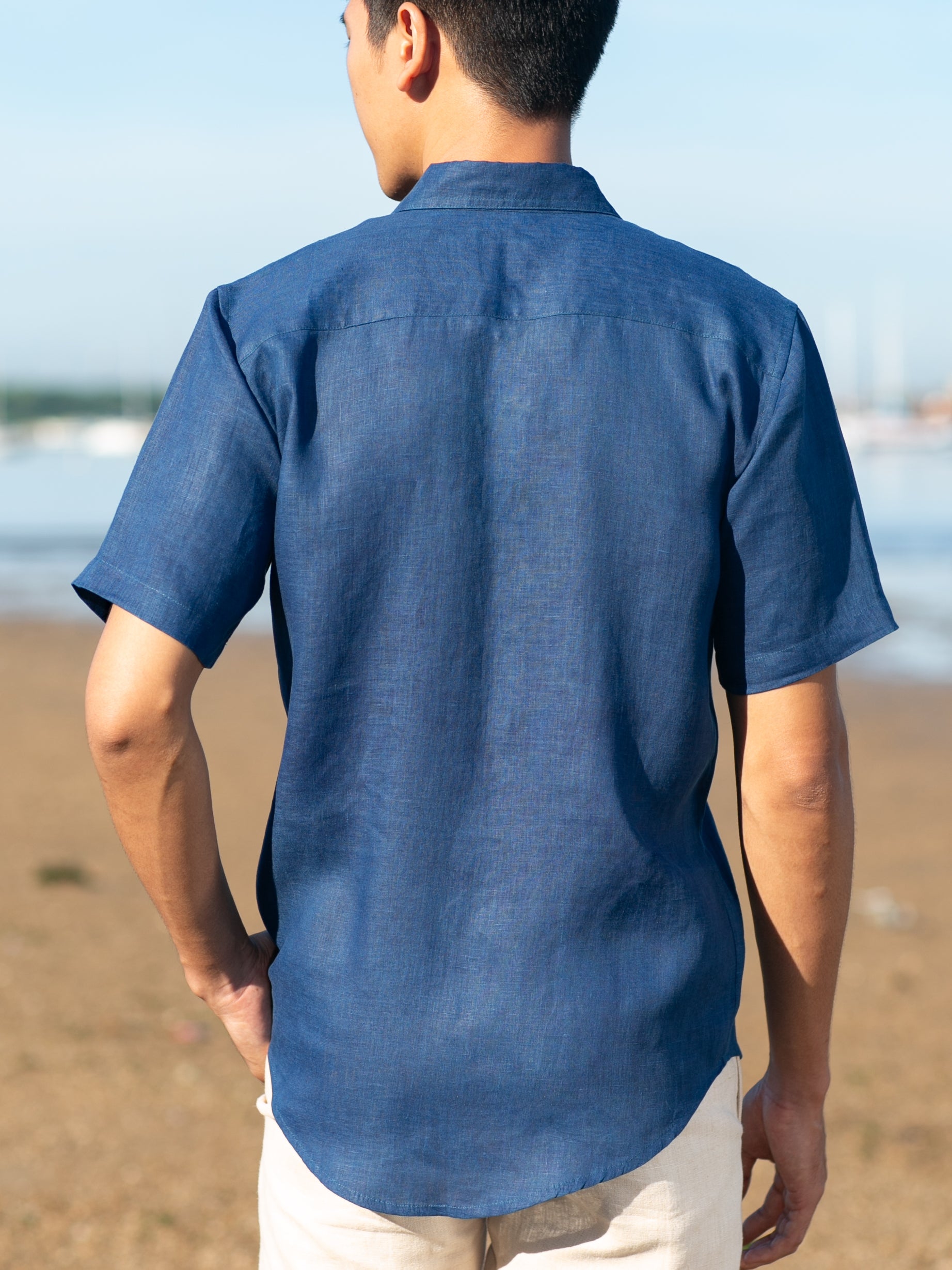 Mens Linen Earth Shirt Short Sleeve Natural Dye Indigo Blue Beach Wedding Back