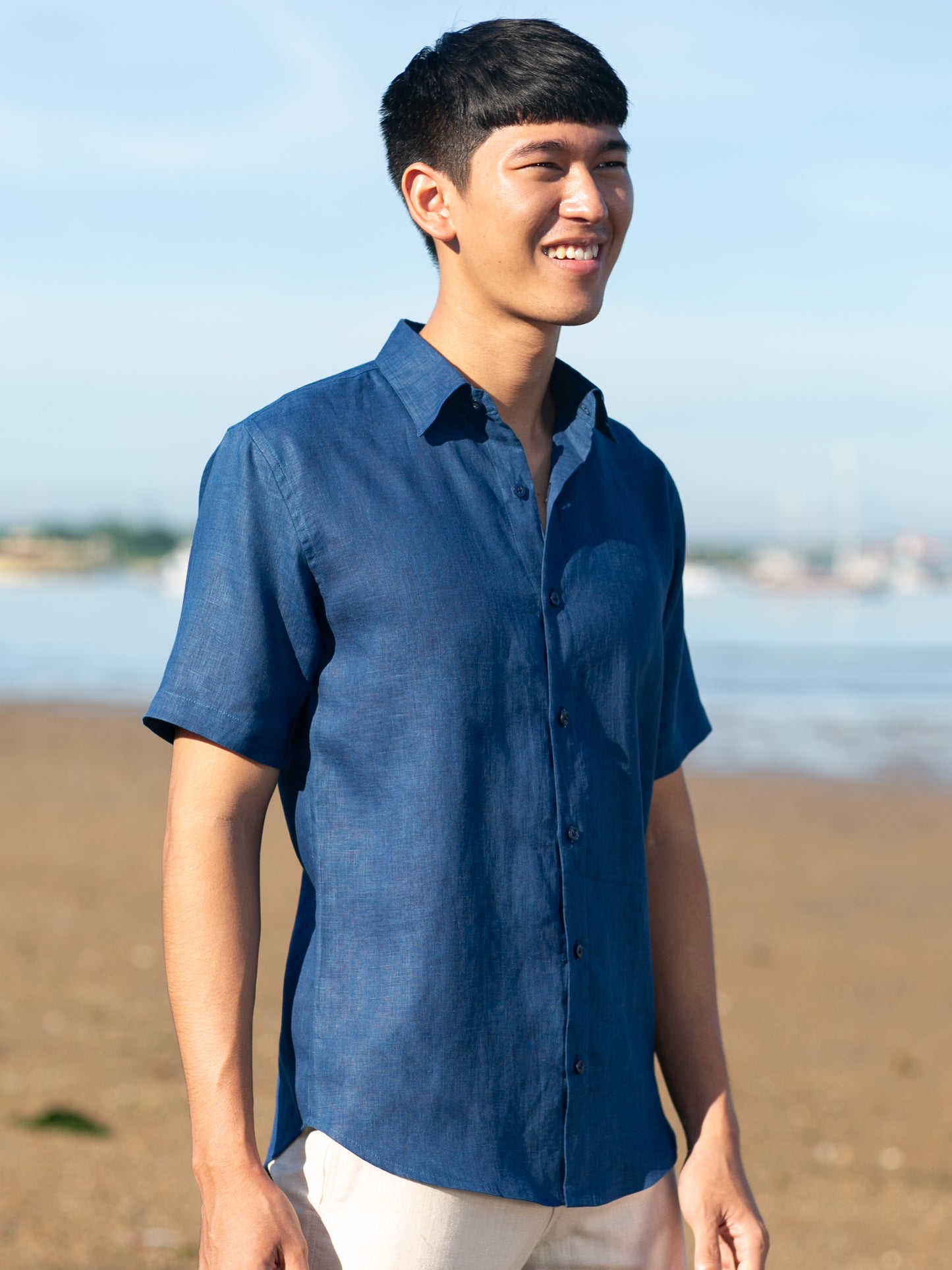 Mens Linen Earth Shirt Short Sleeve Natural Dye Indigo Blue Beach Wedding Front
