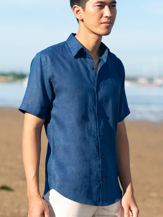 Mens Linen Earth Shirt Short Sleeve Natural Dye Indigo Blue Beach Wedding Front