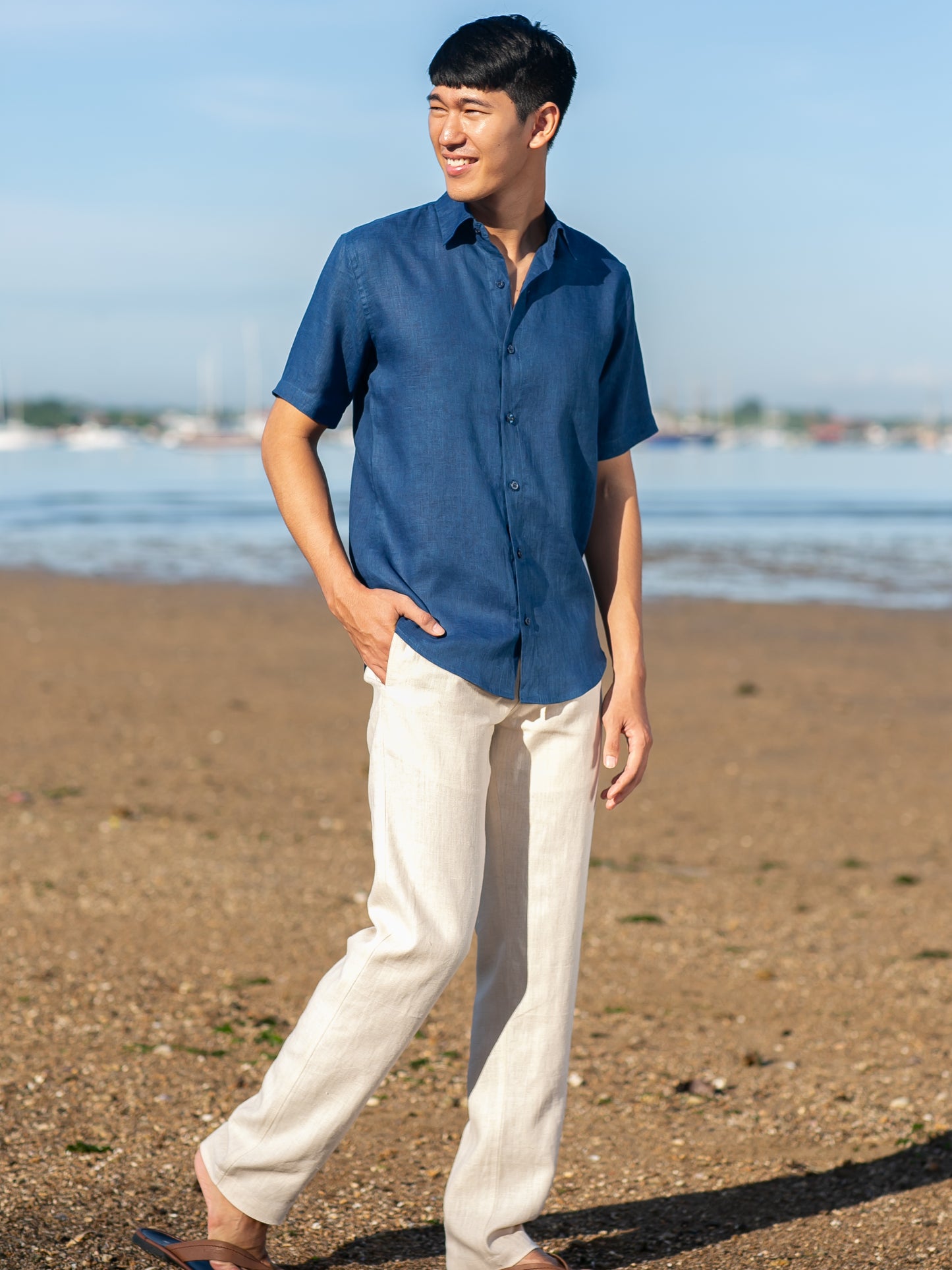 Mens Linen Earth Shirt Short Sleeve Natural Dye Indigo Blue Beach Wedding Full