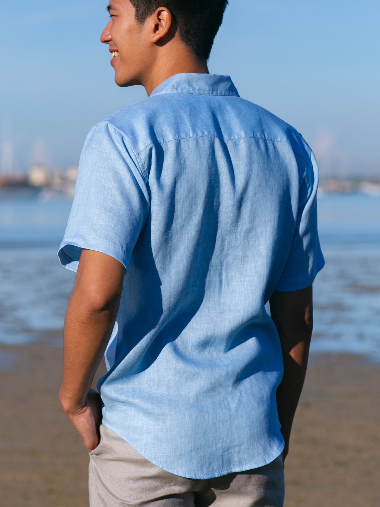 Mens Linen Earth Shirt Short Sleeve Natural Dye Light Blue Beach Wedding Back
