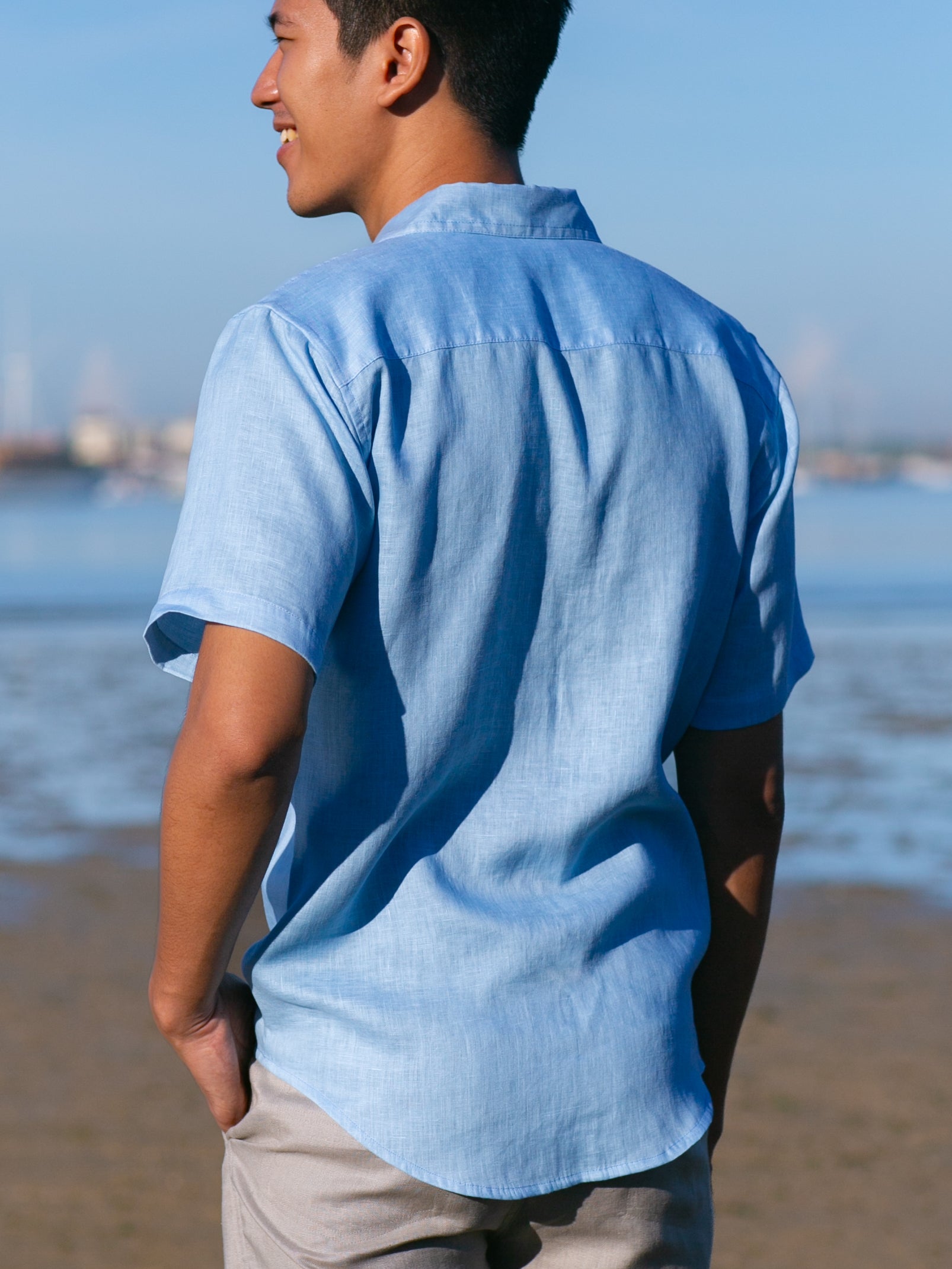 Mens Linen Earth Shirt Short Sleeve Natural Dye Light Blue Beach Wedding Back