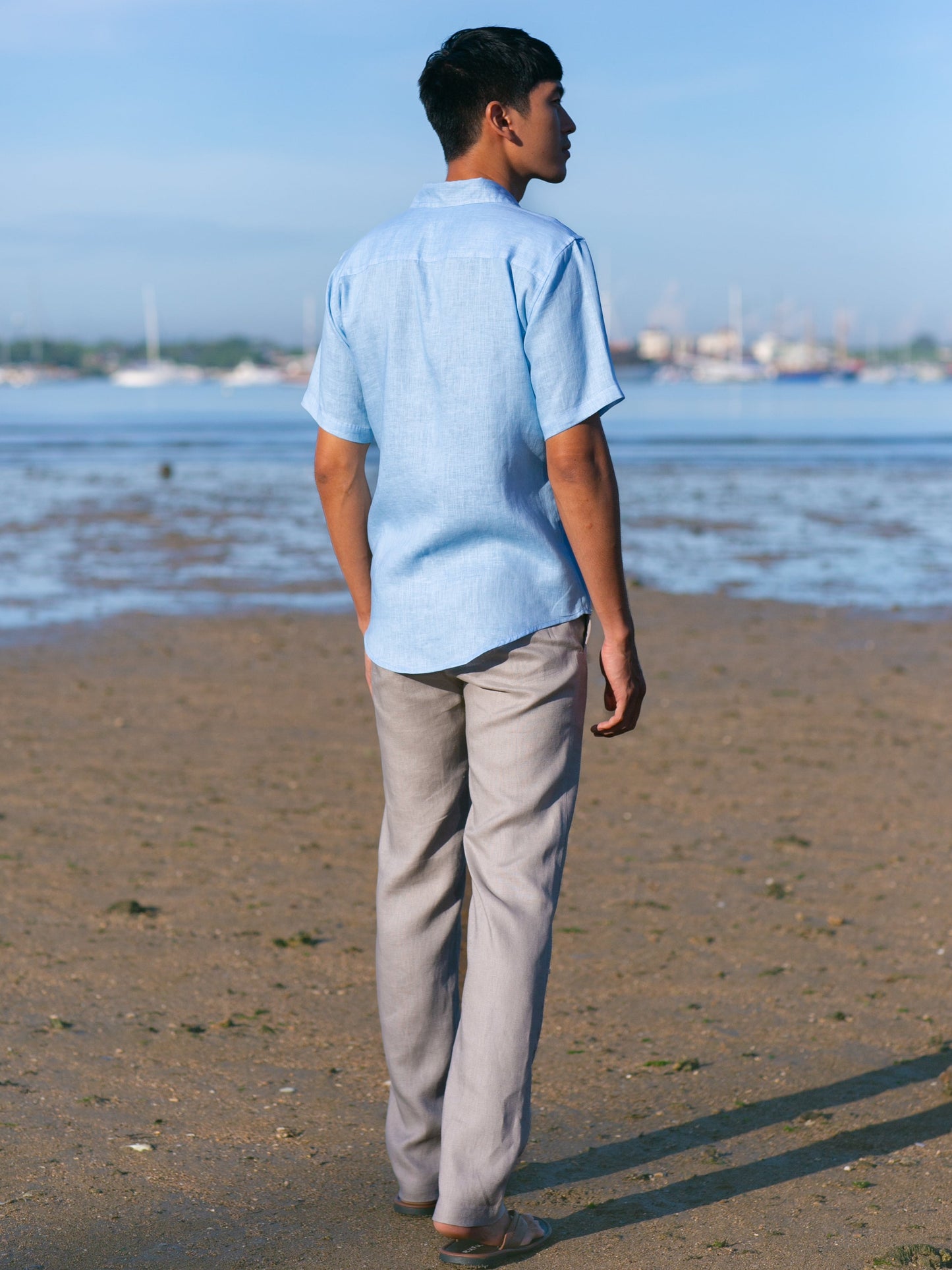 Mens Linen Earth Shirt Short Sleeve Natural Dye Light Blue Beach Wedding Back Full