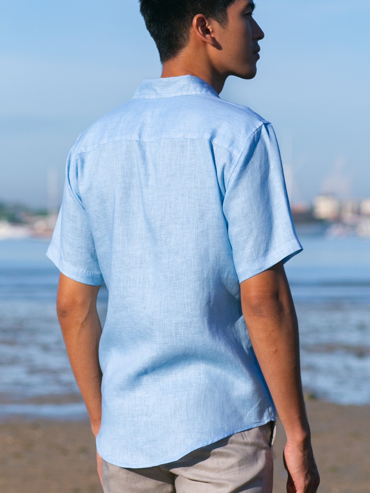 Mens Linen Earth Shirt Short Sleeve Natural Dye Light Blue Beach Wedding Back