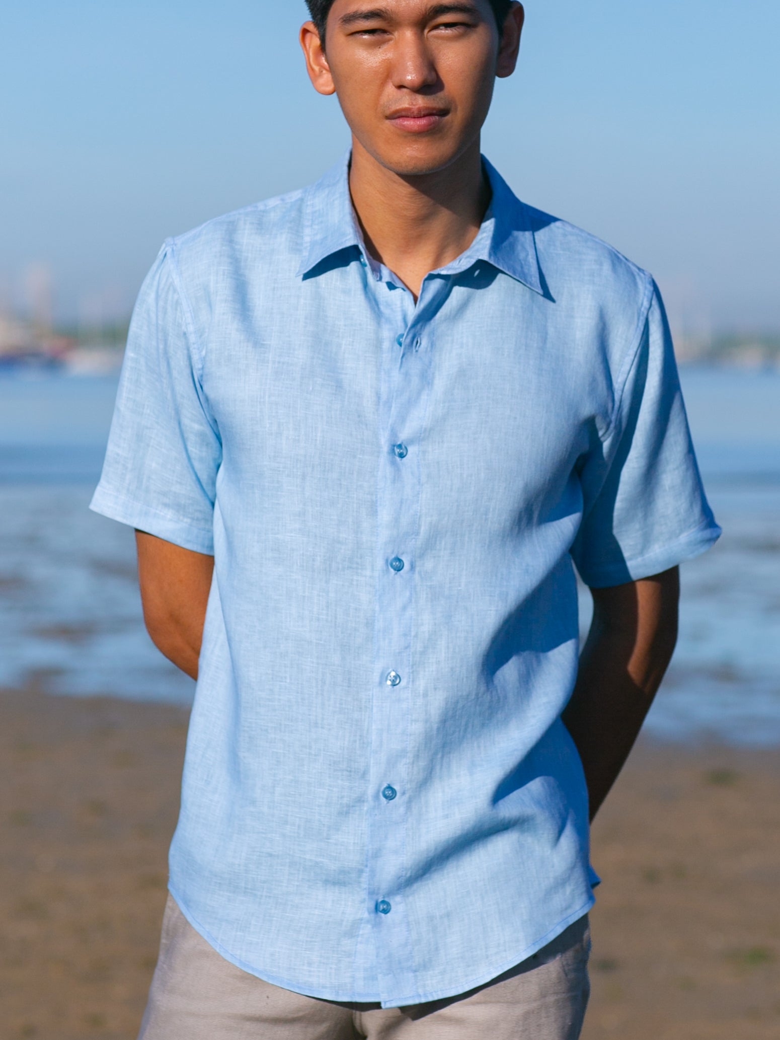 Mens Linen Earth Shirt Short Sleeve Natural Dye Light Blue Beach Wedding Front