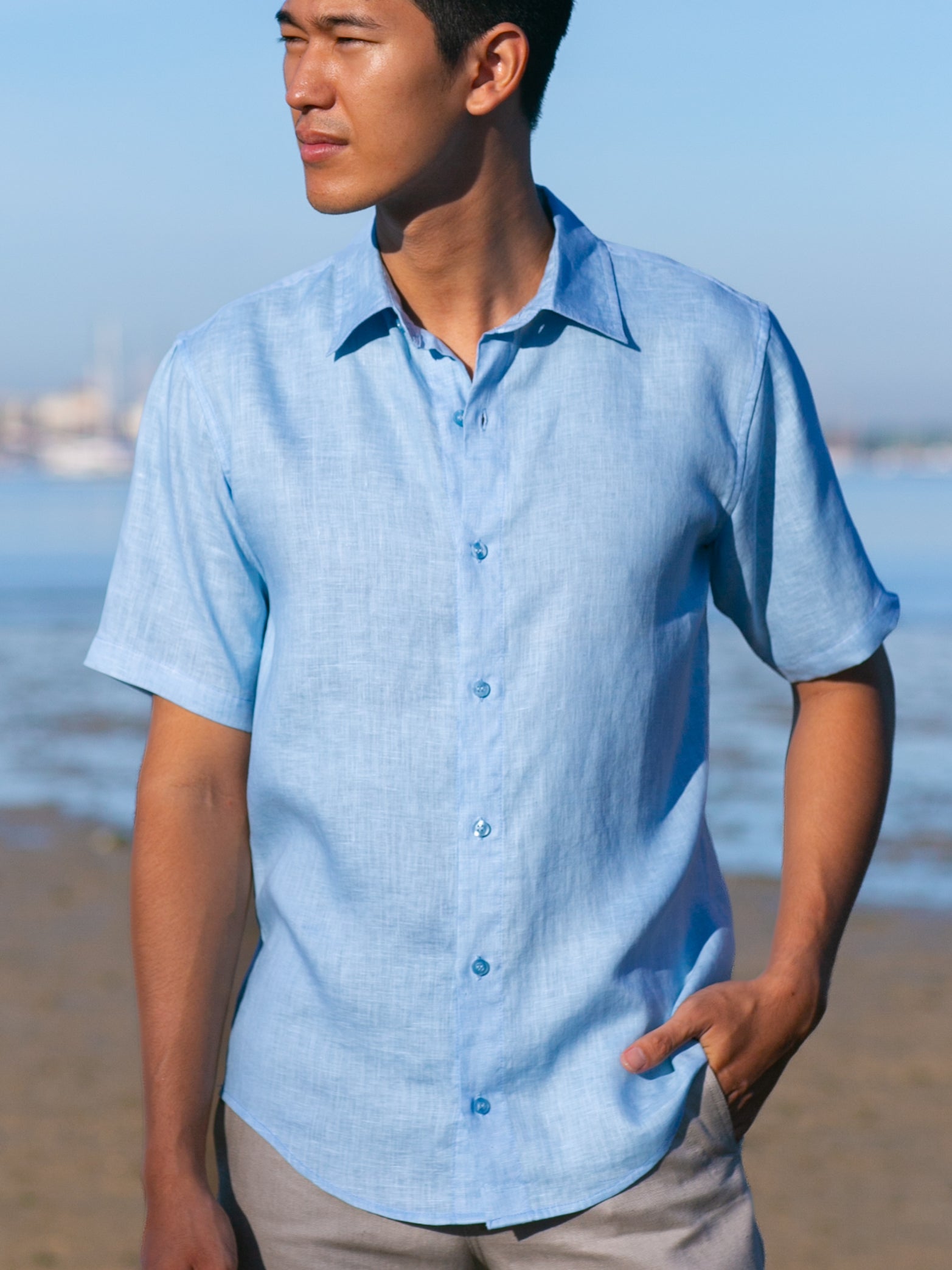 Mens Linen Earth Shirt Short Sleeve Natural Dye Light Blue Beach Wedding Front