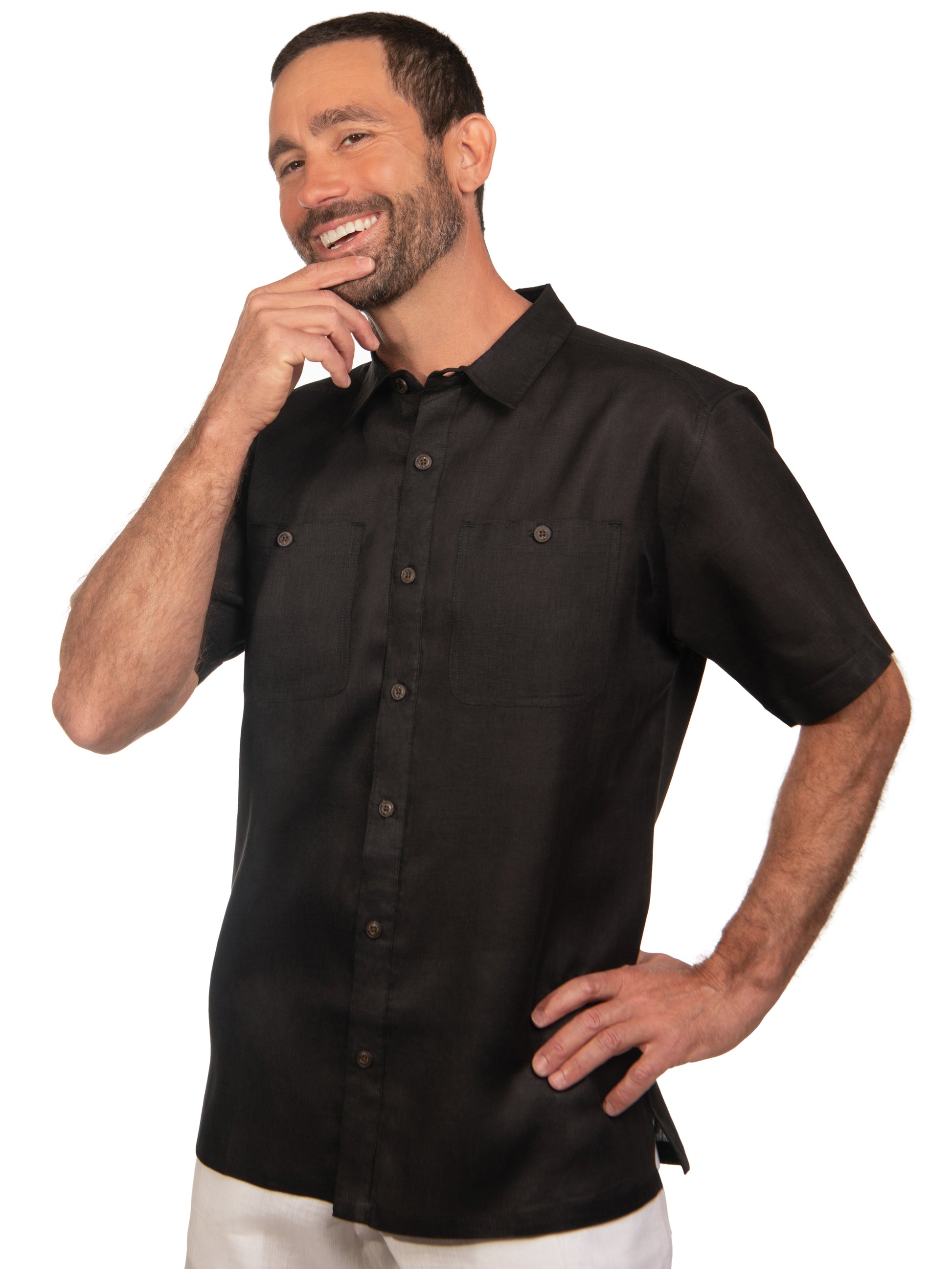 Mens Linen Harbor Shirt Short Sleeve Black Dual Breast Pockets Beach Wedding