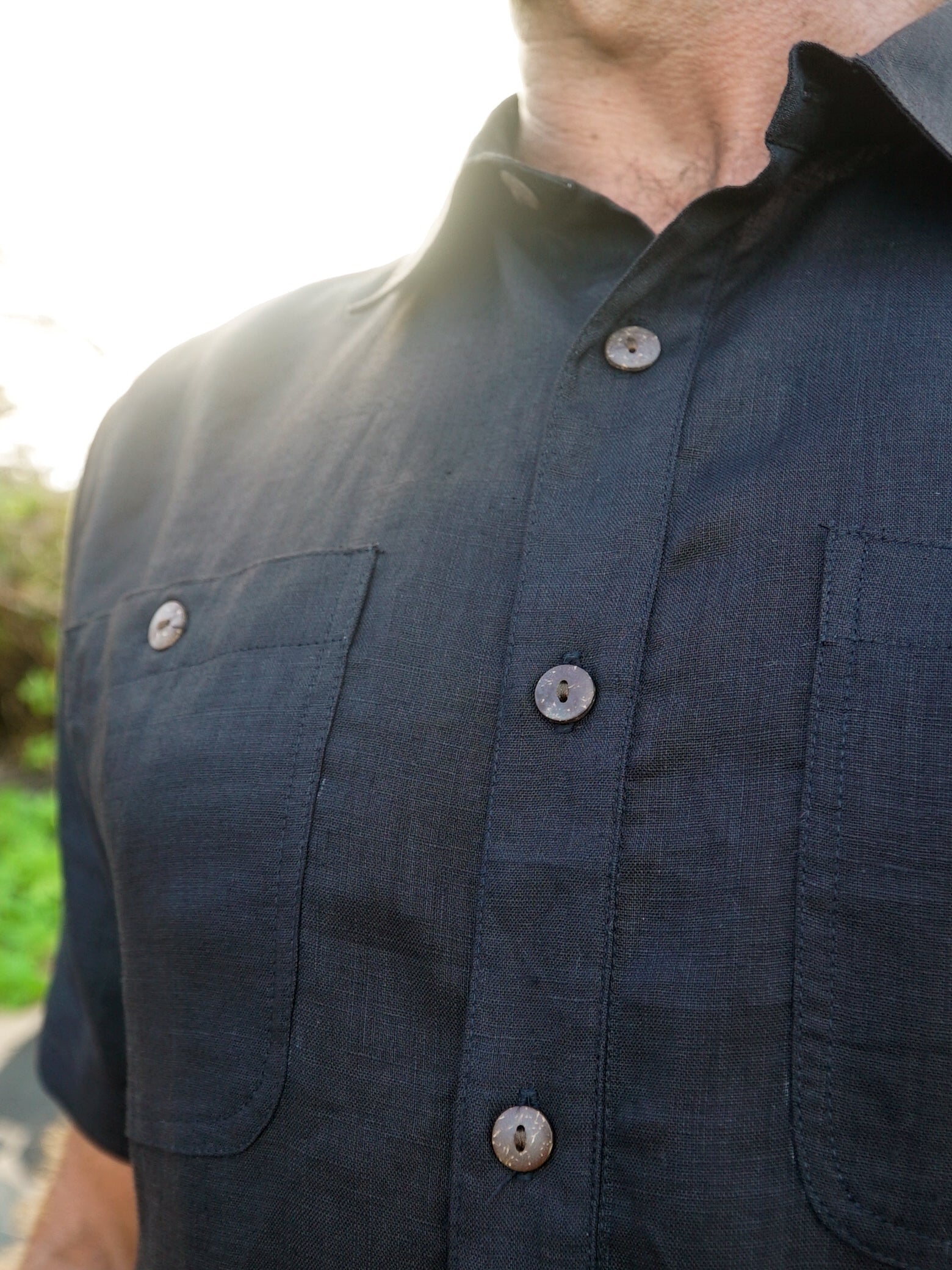 Mens Linen Harbor Shirt Short Sleeve Black Dual Breast Pockets Beach Wedding Close