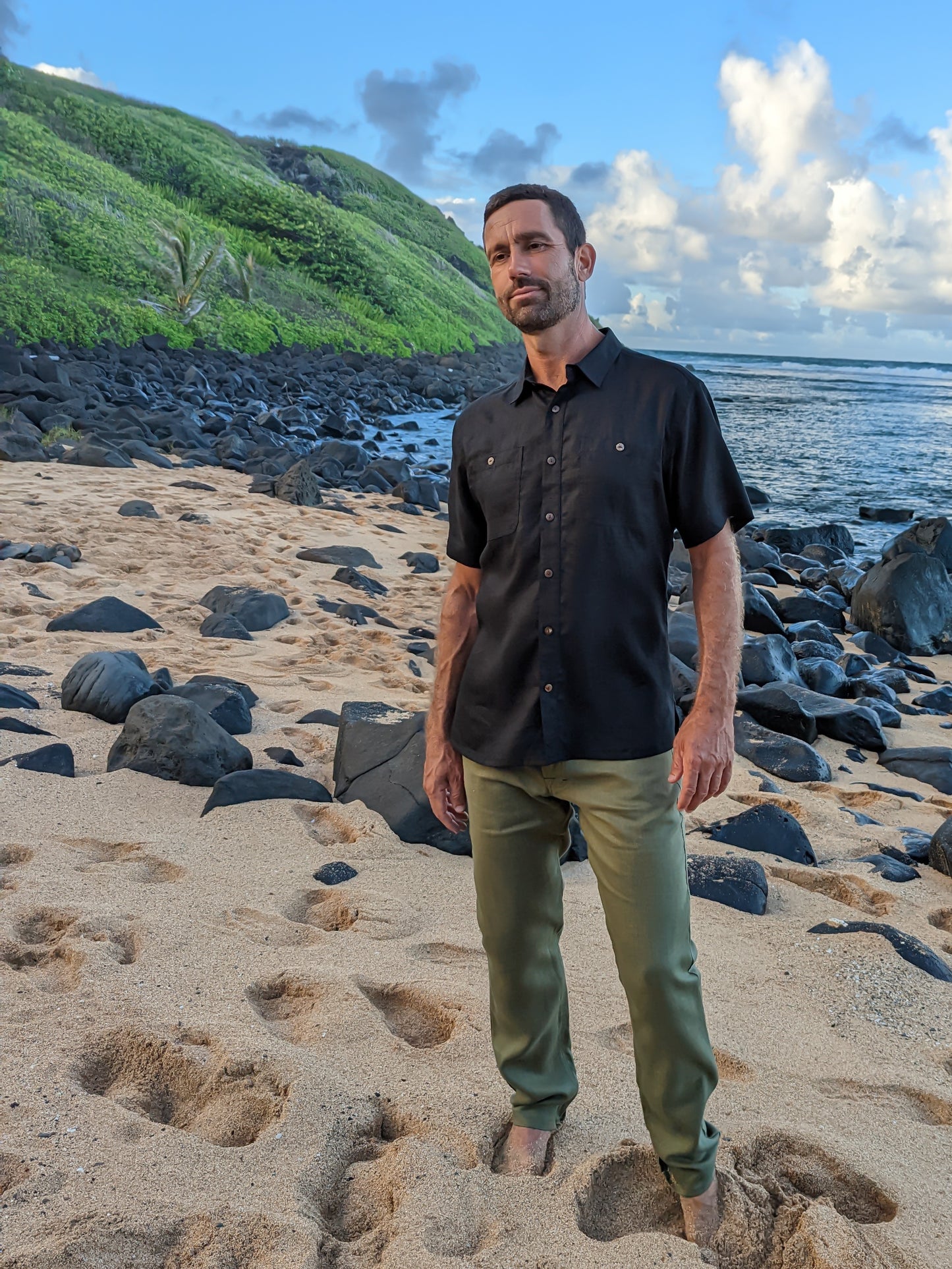 Mens Linen Harbor Shirt Short Sleeve Black Dual Breast Pockets Beach Wedding Full