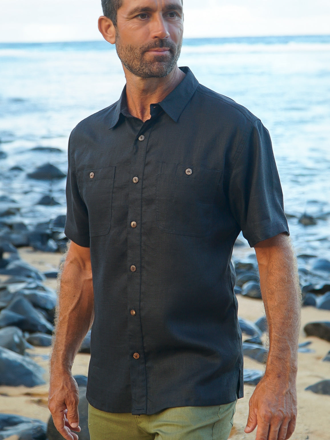 Mens Linen Harbor Shirt Short Sleeve Black Dual Breast Pockets Beach Wedding Main