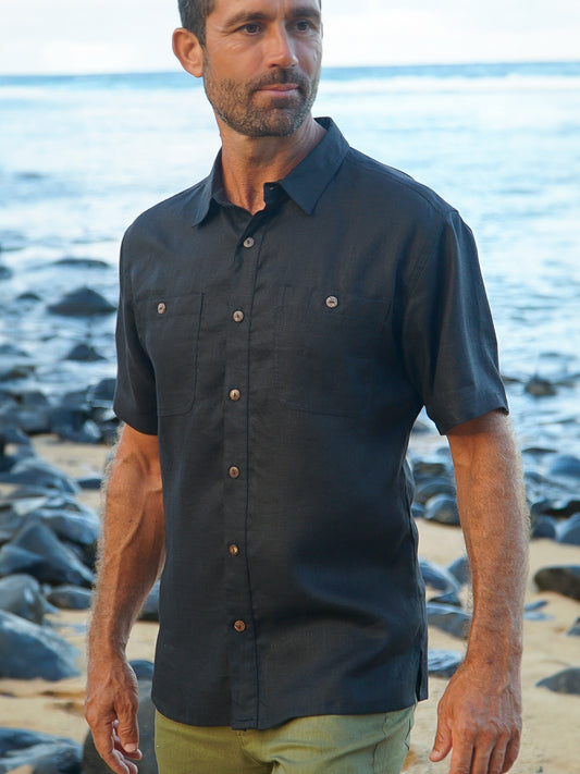 Mens Linen Harbor Shirt Short Sleeve Black Dual Breast Pockets Beach Wedding Main