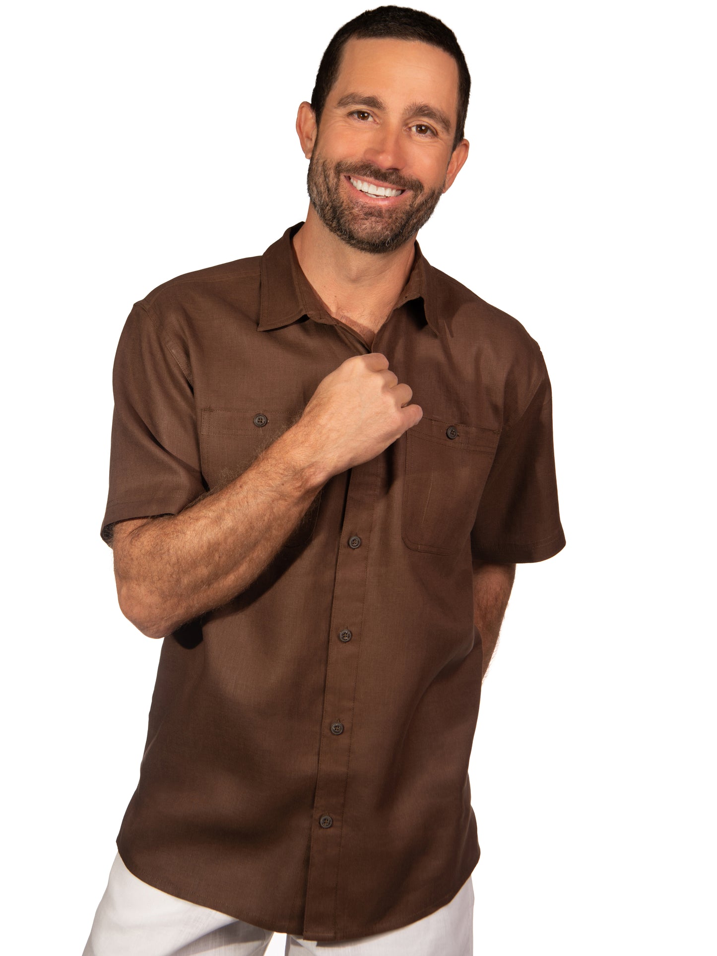 Mens Linen Harbor Shirt Short Sleeve Brown Dual Breast Pockets Beach Wedding