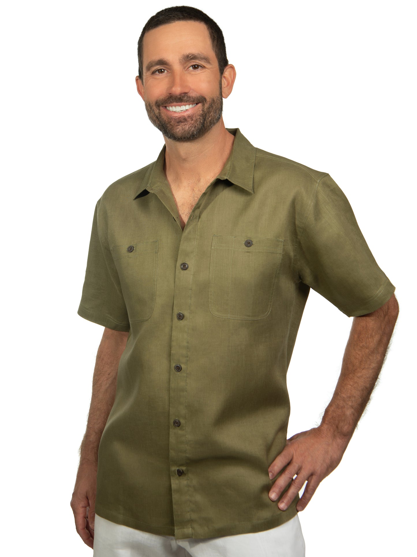 Mens Linen Harbor Shirt Short Sleeve Olive Green Dual Breast Pockets Beach Wedding
