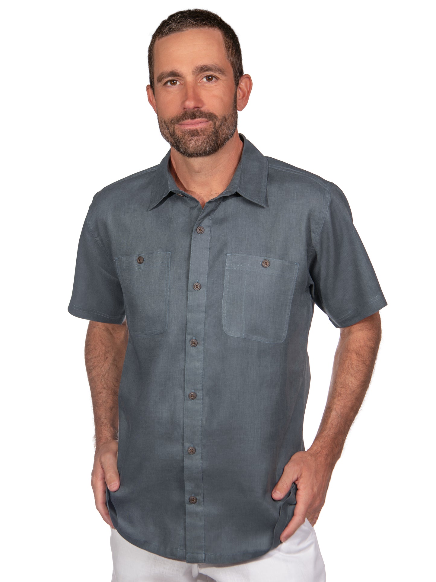 Mens Linen Harbor Shirt Short Sleeve Stone Blue Dual Breast Pockets Beach Wedding