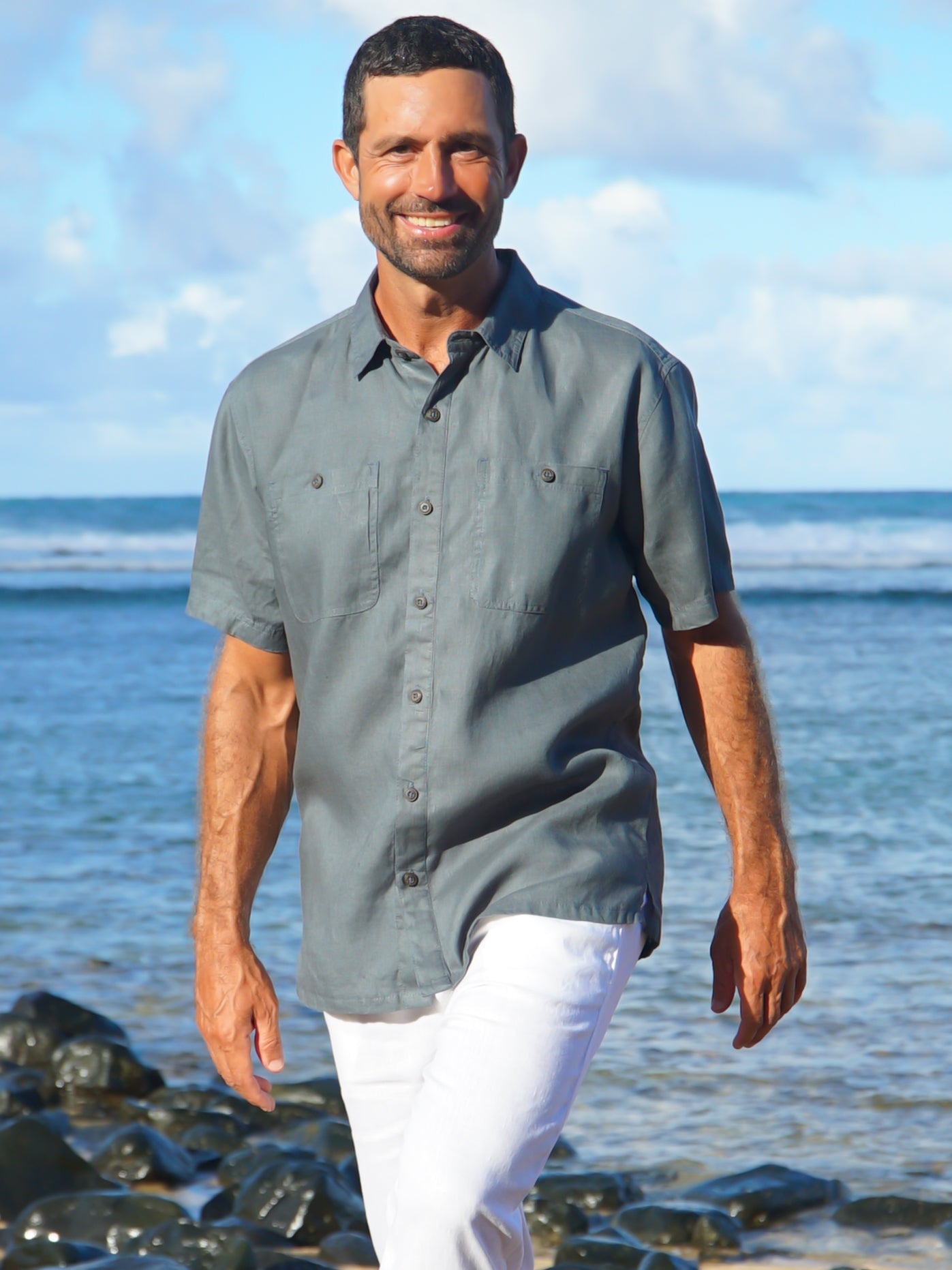 Mens Linen Harbor Shirt Short Sleeve Stone Blue Dual Breast Pockets Beach Wedding Alt