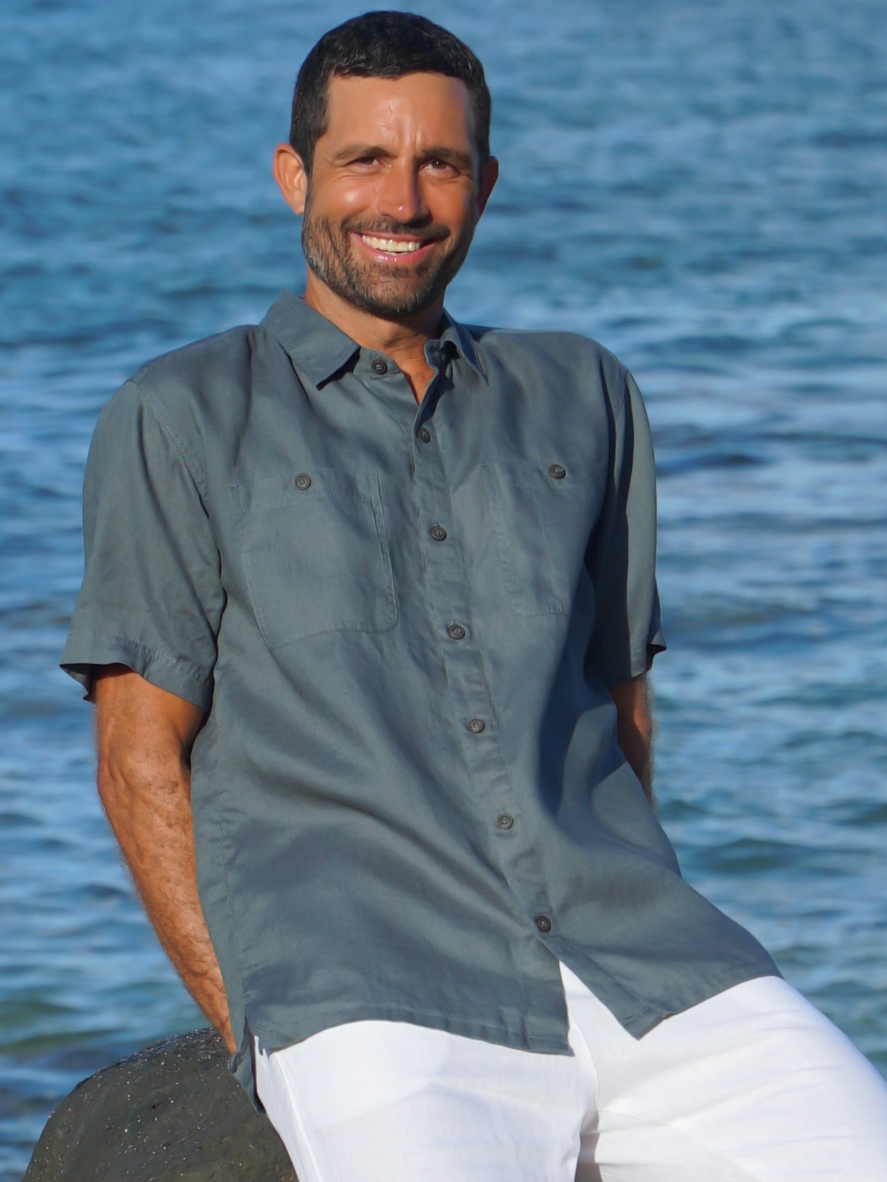 Mens Linen Harbor Shirt Short Sleeve Stone Blue Dual Breast Pockets Beach Wedding Alt