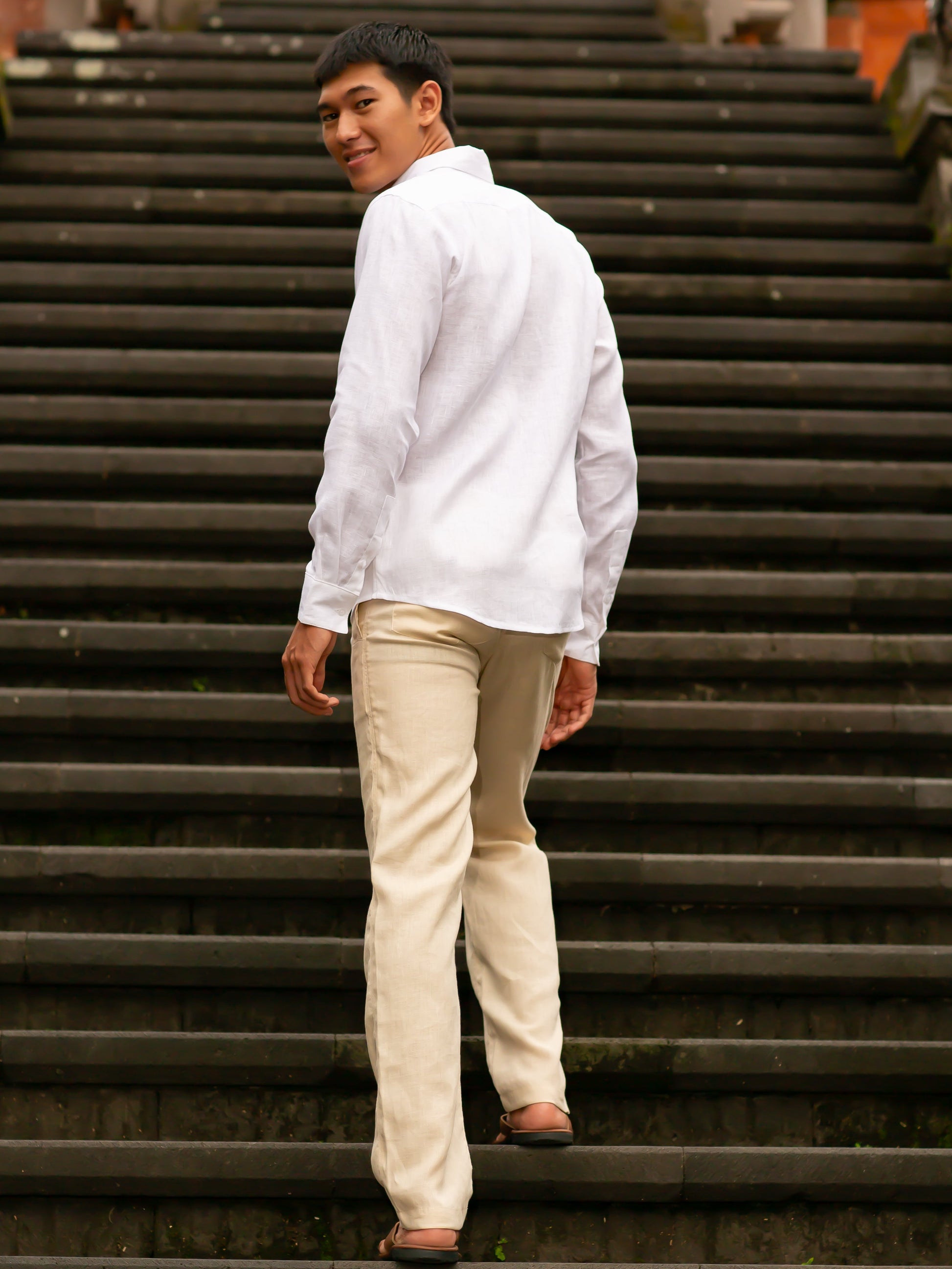 Mens Linen Havana Grooms Shirt White Light Weight Beach Wedding Back