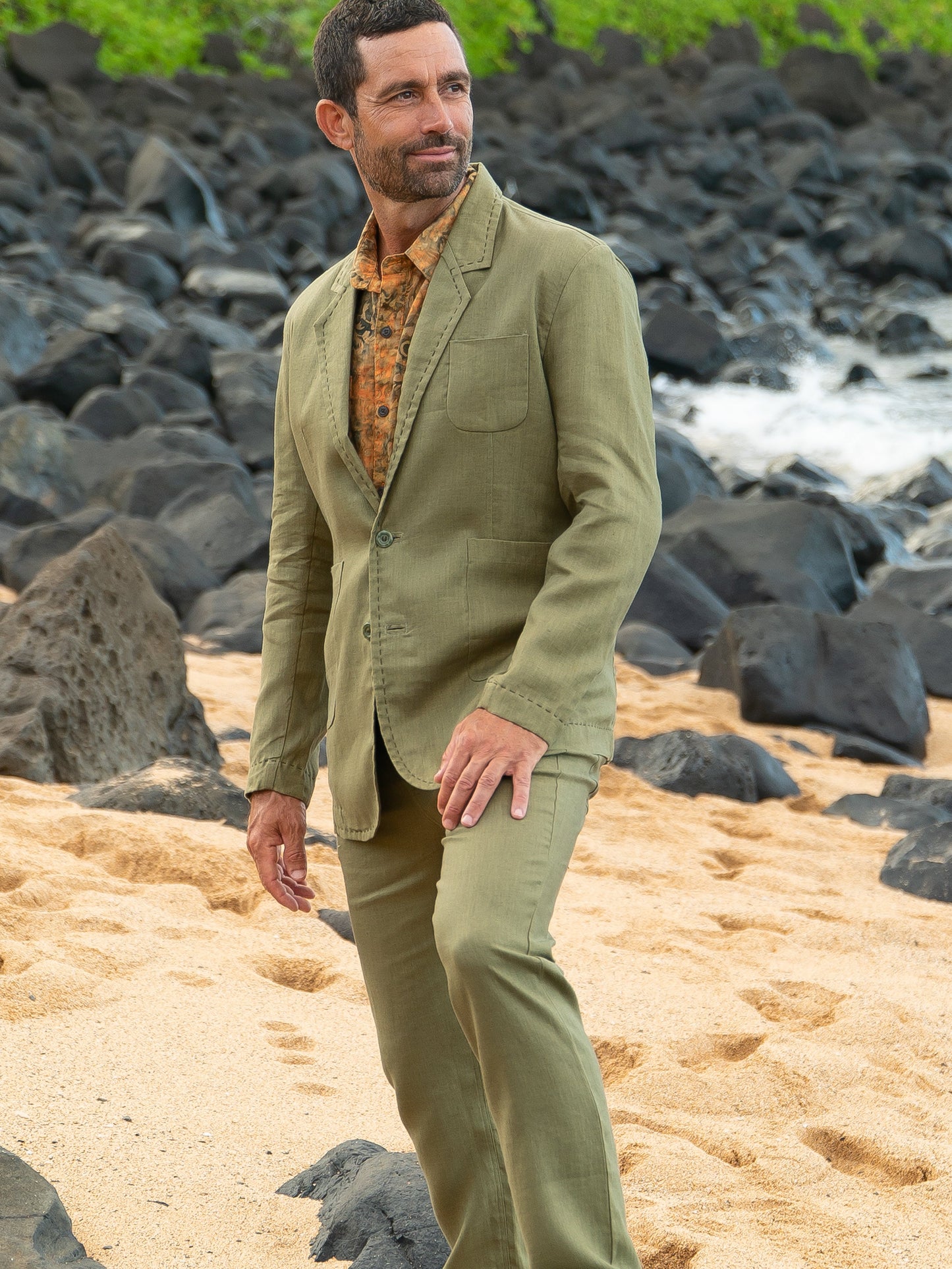 Mens Linen Havana Suit Olive Green Light Weight Beach Wedding Alt
