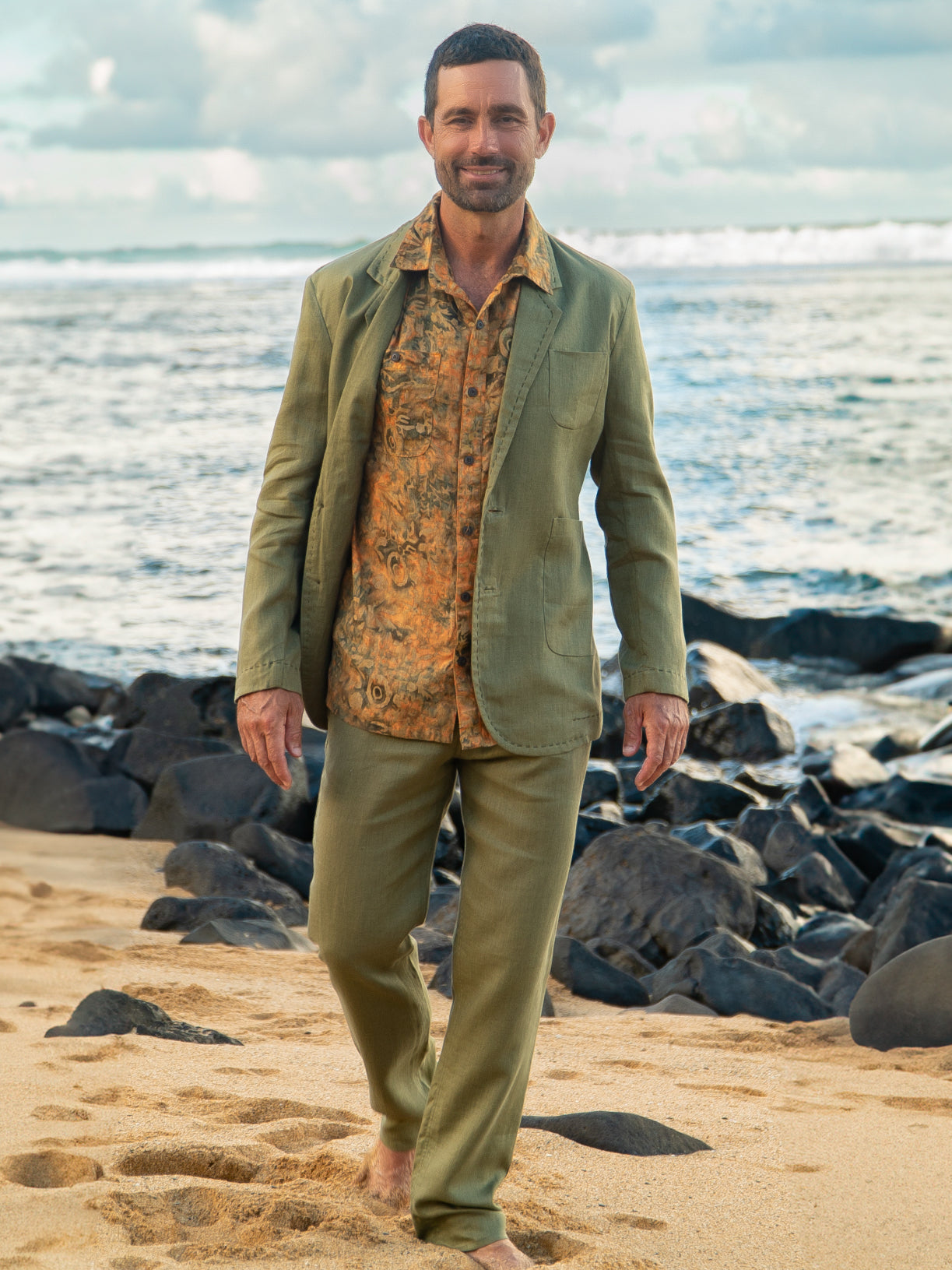 Mens Linen Havana Suit Olive Green Light Weight Beach Wedding Full