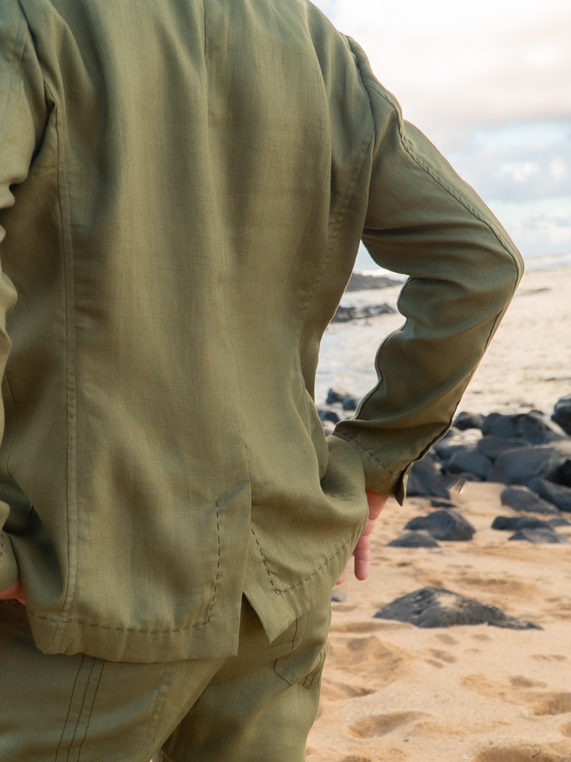 Mens Linen Havana Suit Olive Green Light Weight Beach Wedding Jacket Back