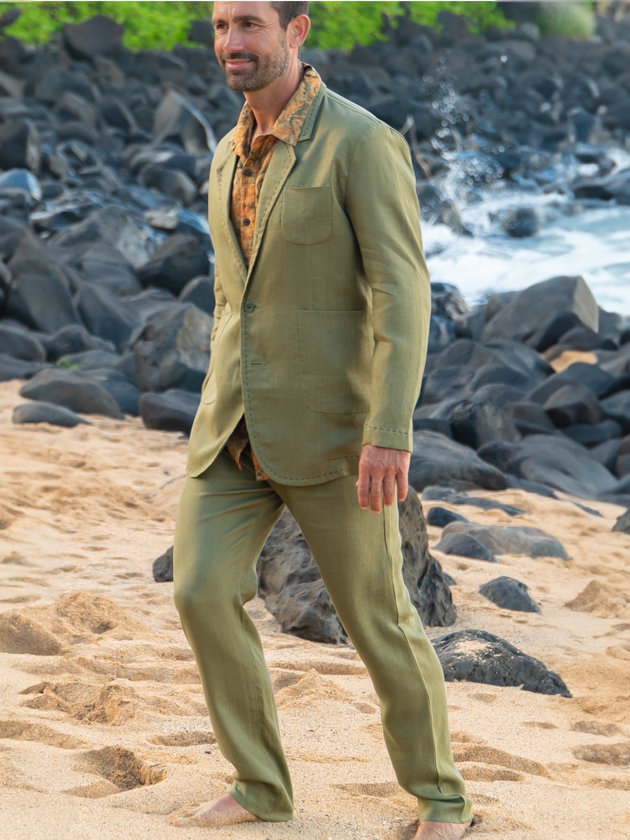 Mens Linen Havana Suit Olive Green Light Weight Beach Wedding Side