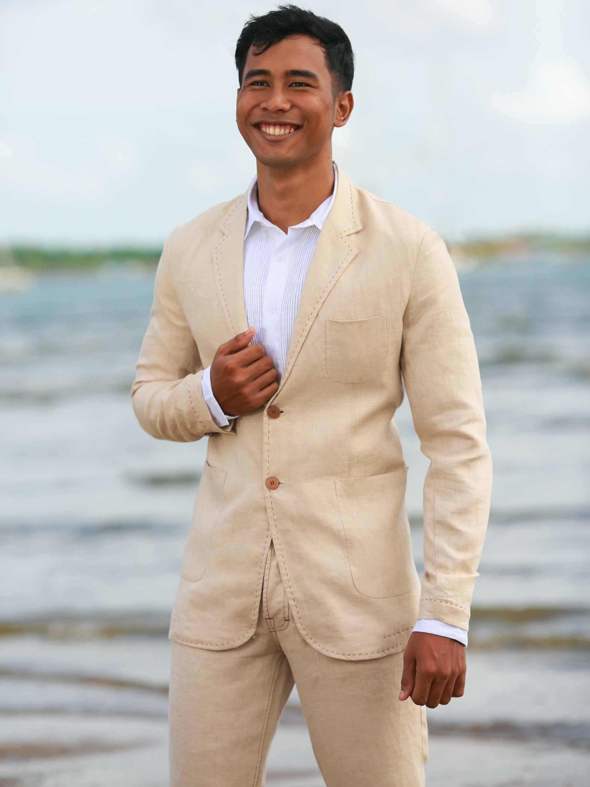 Mens Linen Havana Suit Tan Khaki Light Weight Beach Wedding Jacket