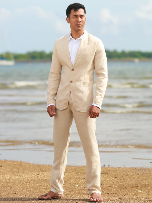Mens Linen Havana Suit Tan Khaki Light Weight Beach Wedding