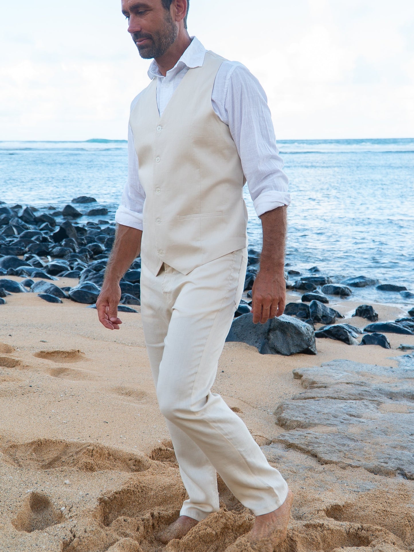 Mens Linen Havana Vest Tan Khaki Light Weight Beach Wedding Full Side