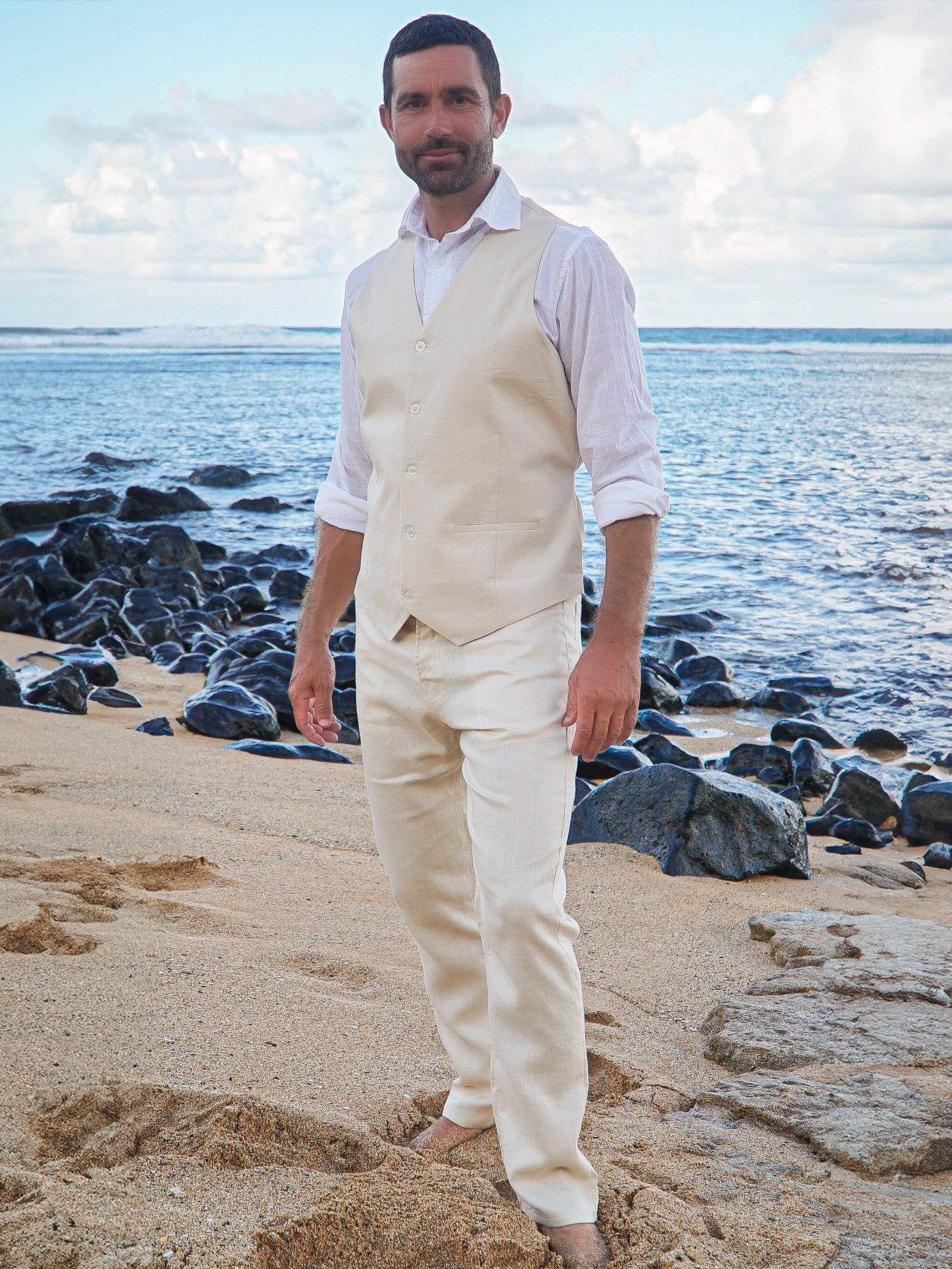 Mens Linen Havana Vest Tan Khaki Light Weight Beach Wedding Full