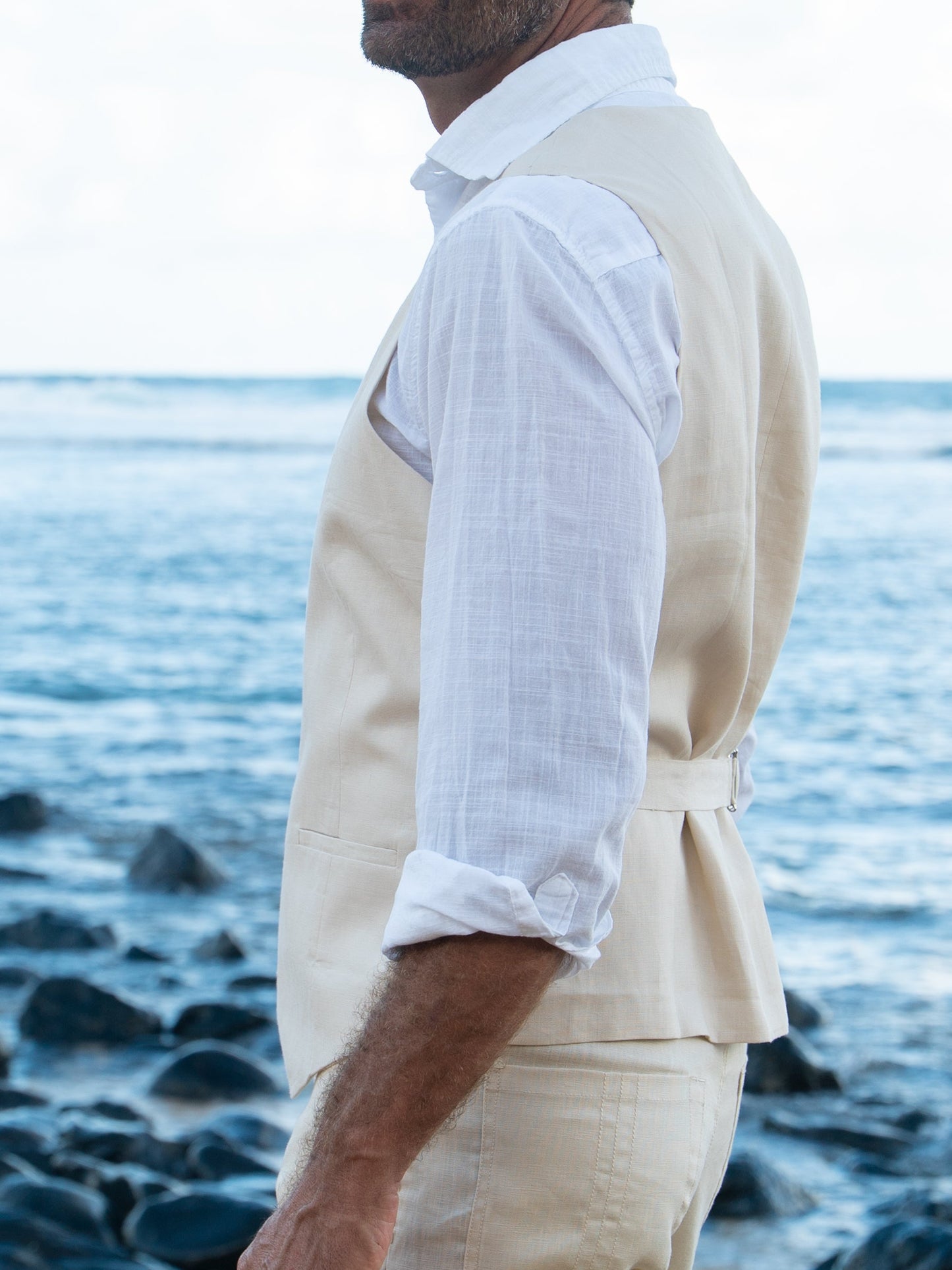 Mens Linen Havana Vest Tan Khaki Light Weight Beach Wedding Side