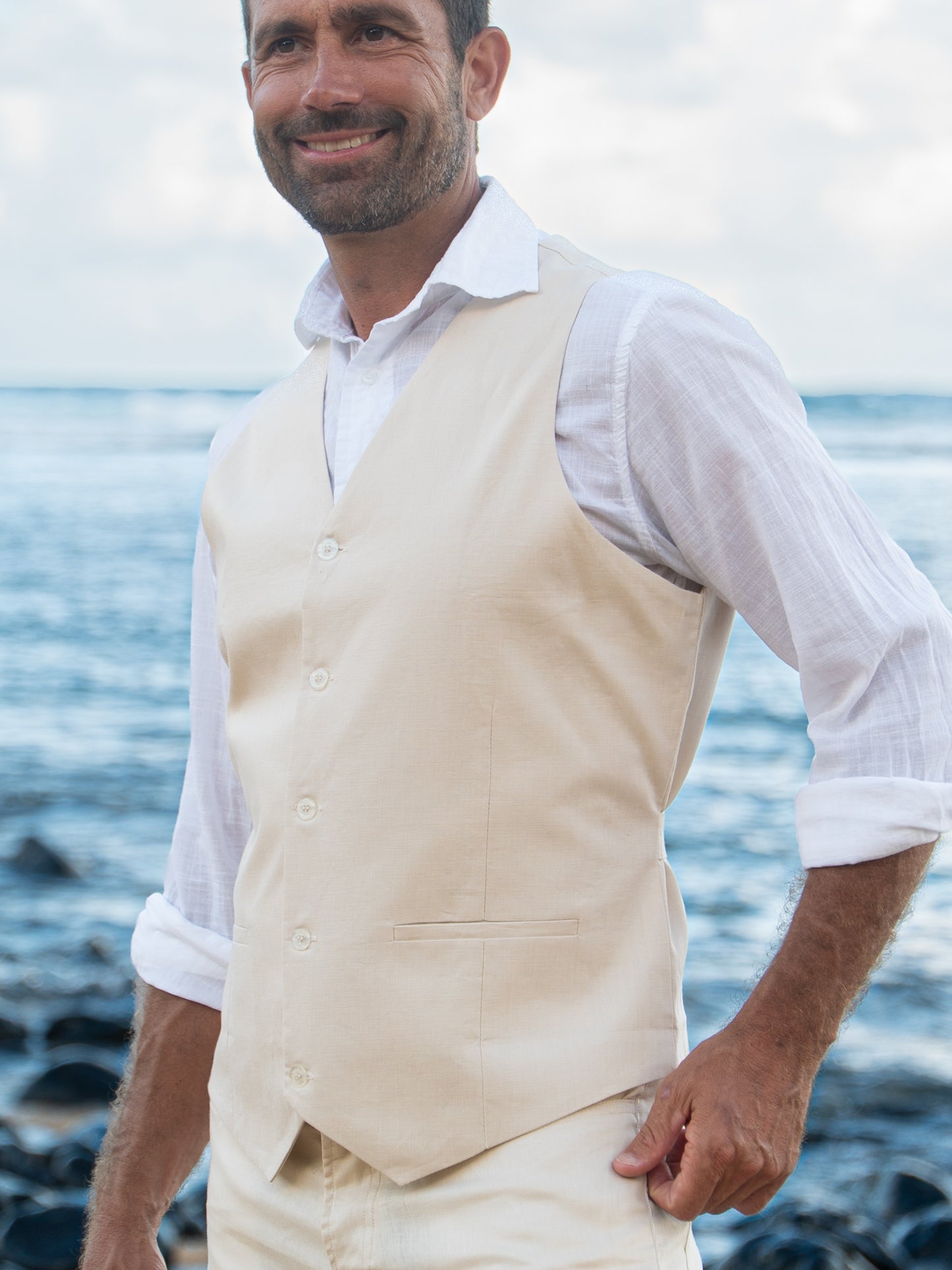 Mens Linen Havana Vest Tan Khaki Light Weight Beach Wedding