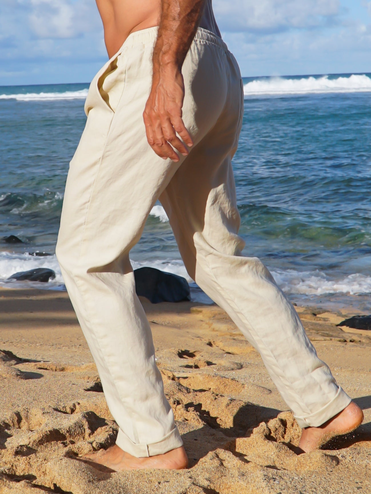 Mens Linen Island Pant Elastic Waist Tan Khaki Beach Wedding Side