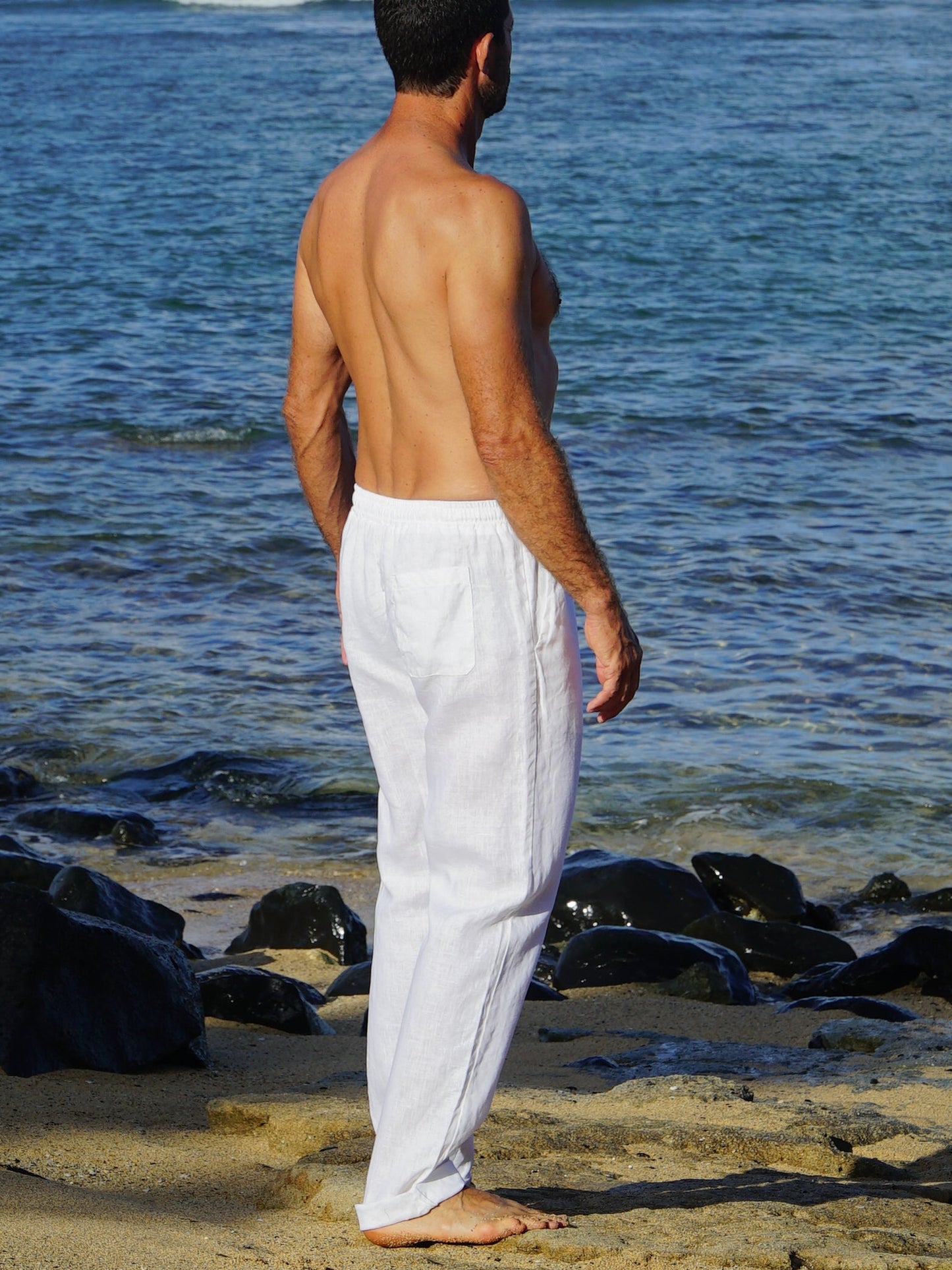 Mens Linen Island Pant Elastic Waist White Casual Beach Wear Full