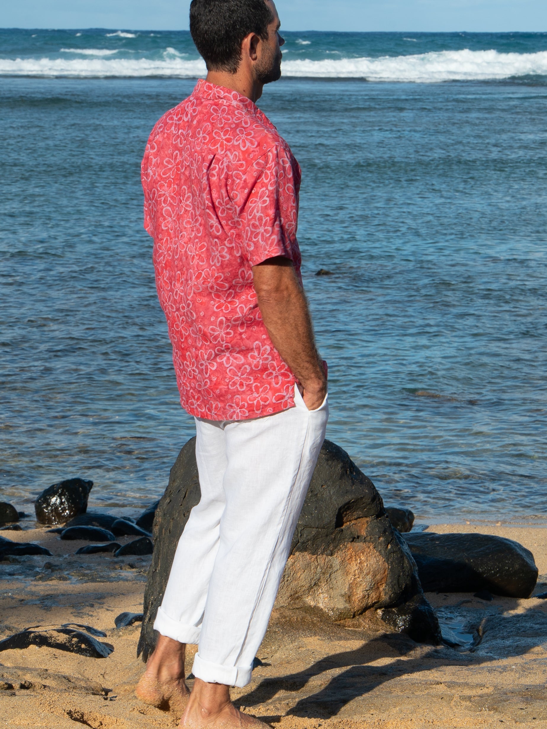 Mens Linen Island Pant Elastic Waist White Casual Beach Wear Outfit