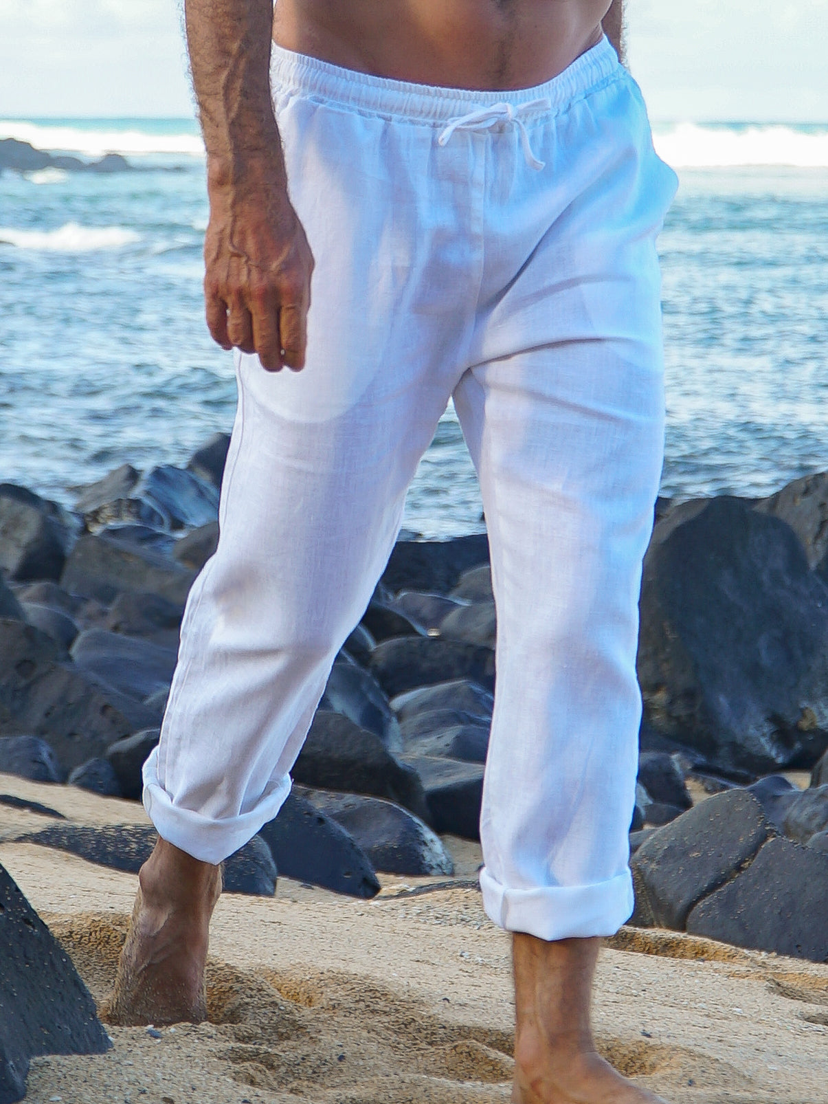 Mens Linen Island Pant Elastic Waist White Casual Beach Wear Stride