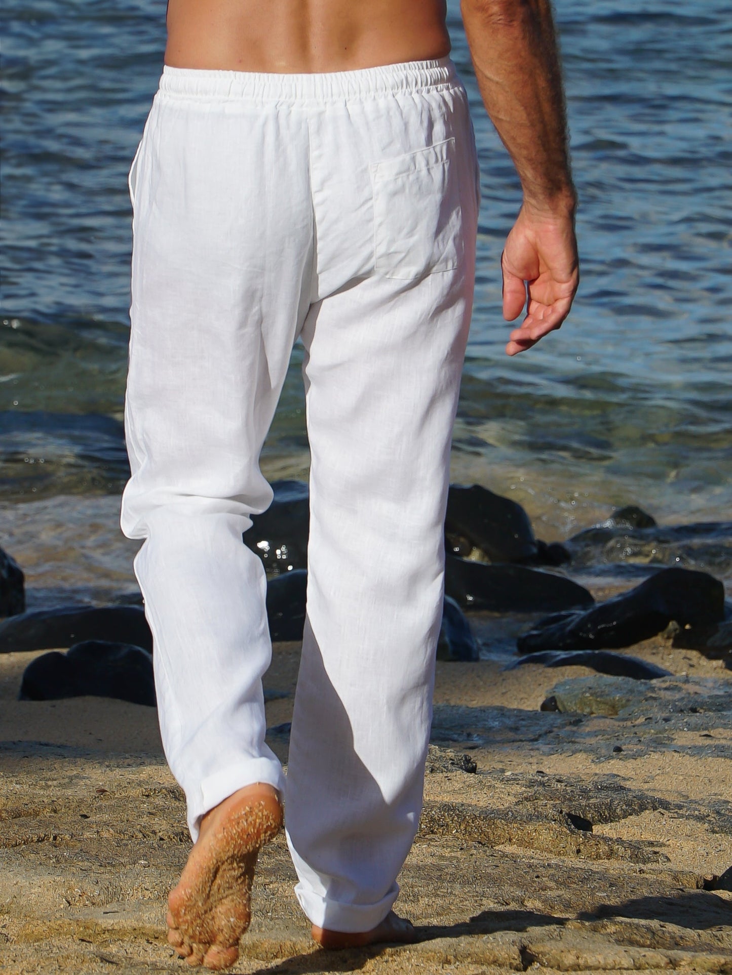 Mens Linen Island Pant Elastic Waist White Casual Beach Wear
