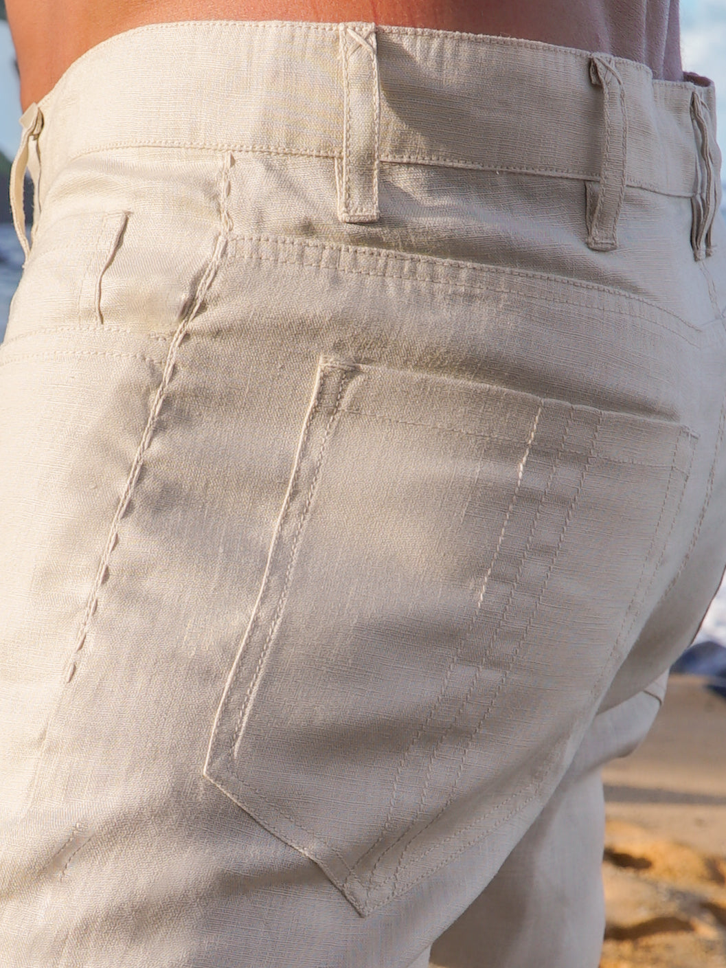 Mens Linen Jean Style Pant Tan Khaki Light Weight Beach Wedding Pocket