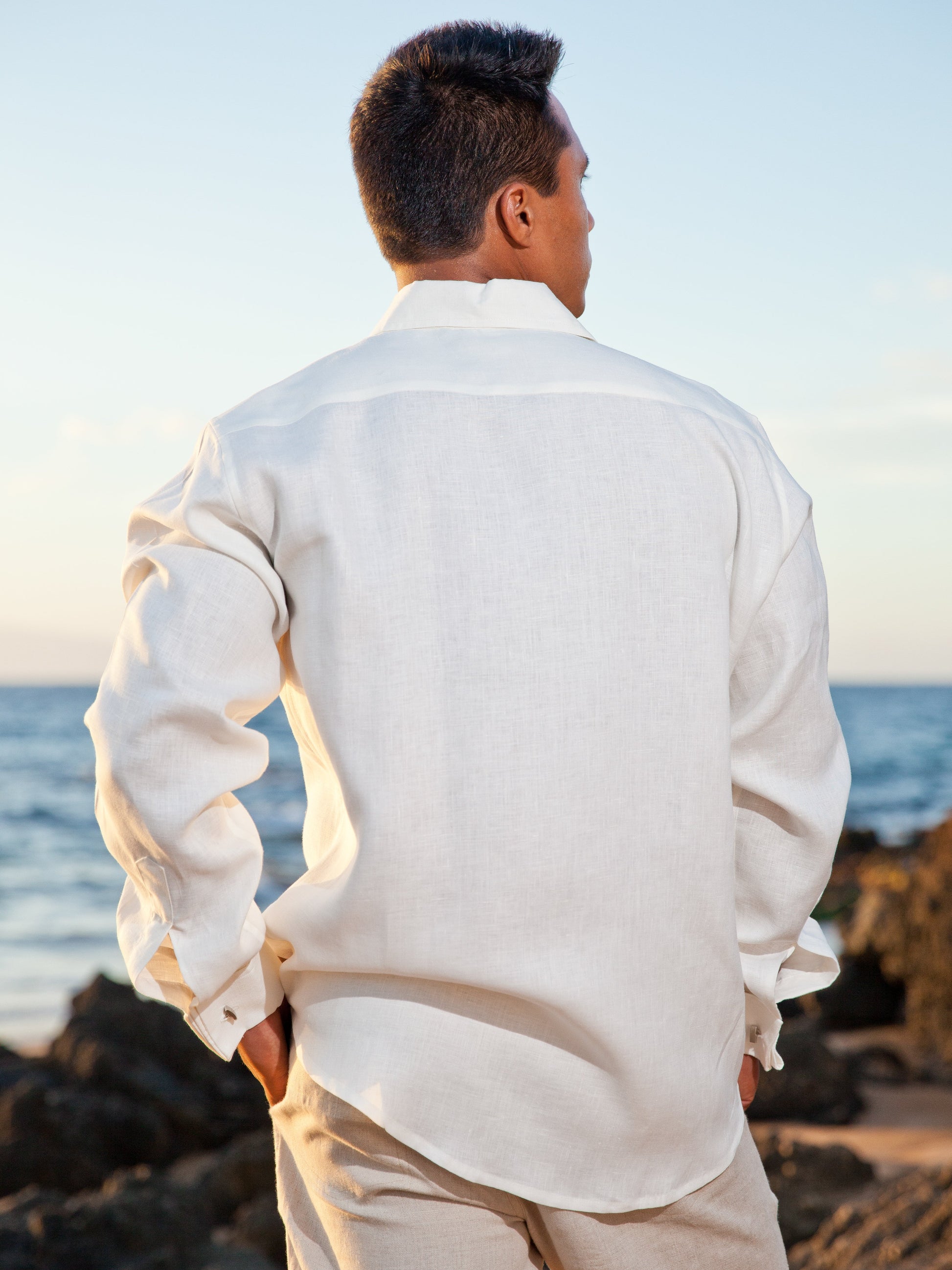 Mens Linen Monaco Shirt French Cuffed Long Sleeve Ivory Beach Wedding Back