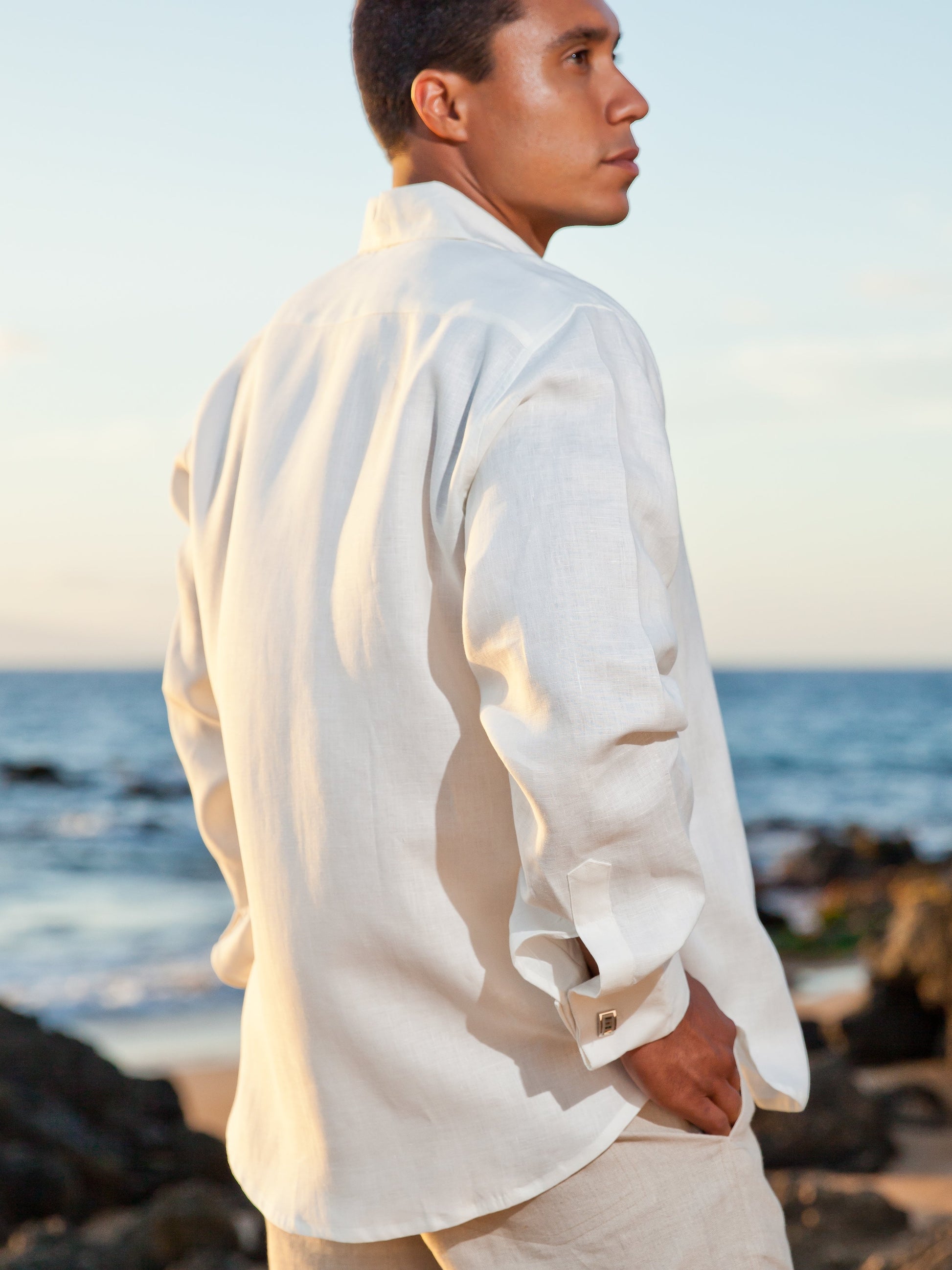 Mens Linen Monaco Shirt French Cuffed Long Sleeve Ivory Beach Wedding Side