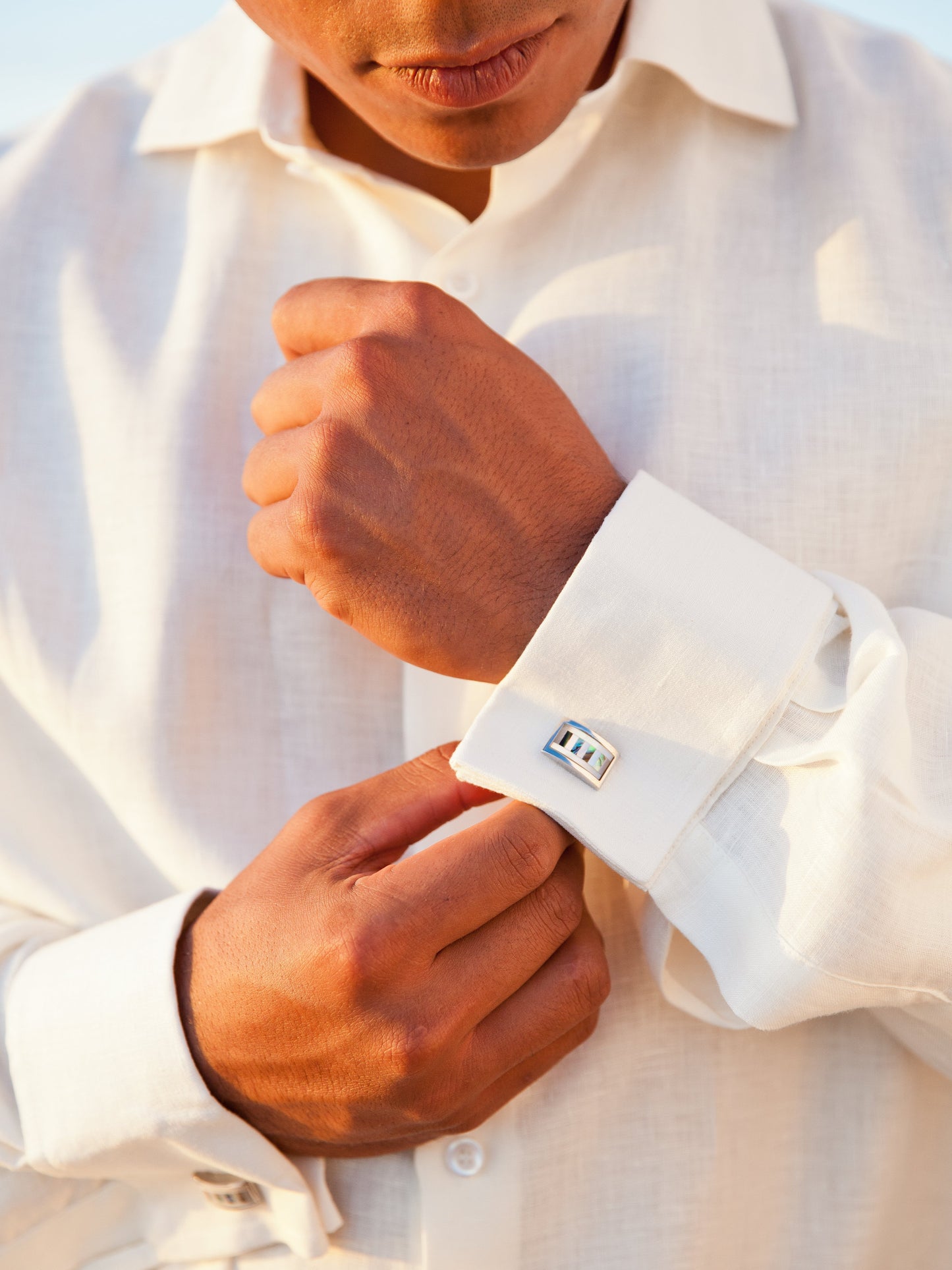 Mens Linen Monaco Shirt French Cuffed Long Sleeve Ivory Beach Wedding Spread Close