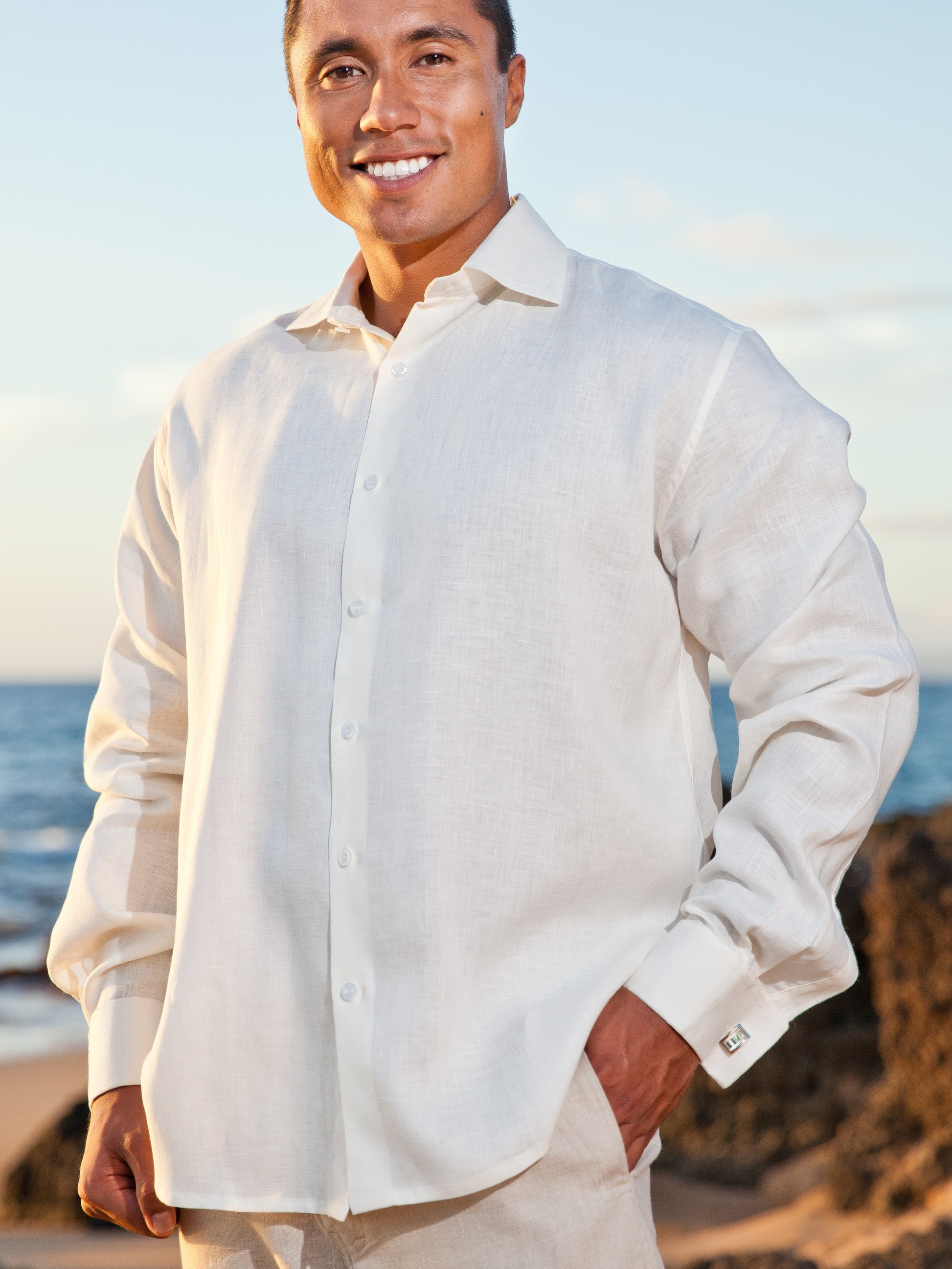 Mens Linen Monaco Shirt French Cuffed Long Sleeve Ivory Beach Wedding