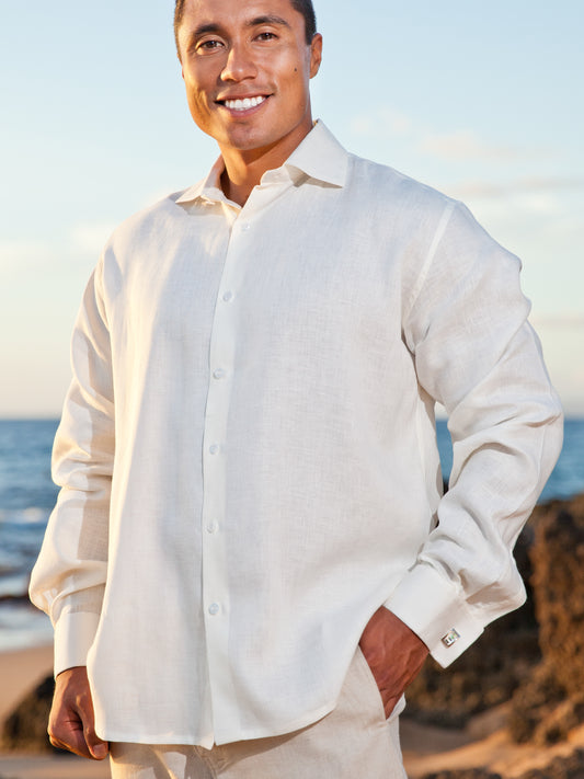 Mens Linen Monaco Shirt French Cuffed Long Sleeve Ivory Beach Wedding
