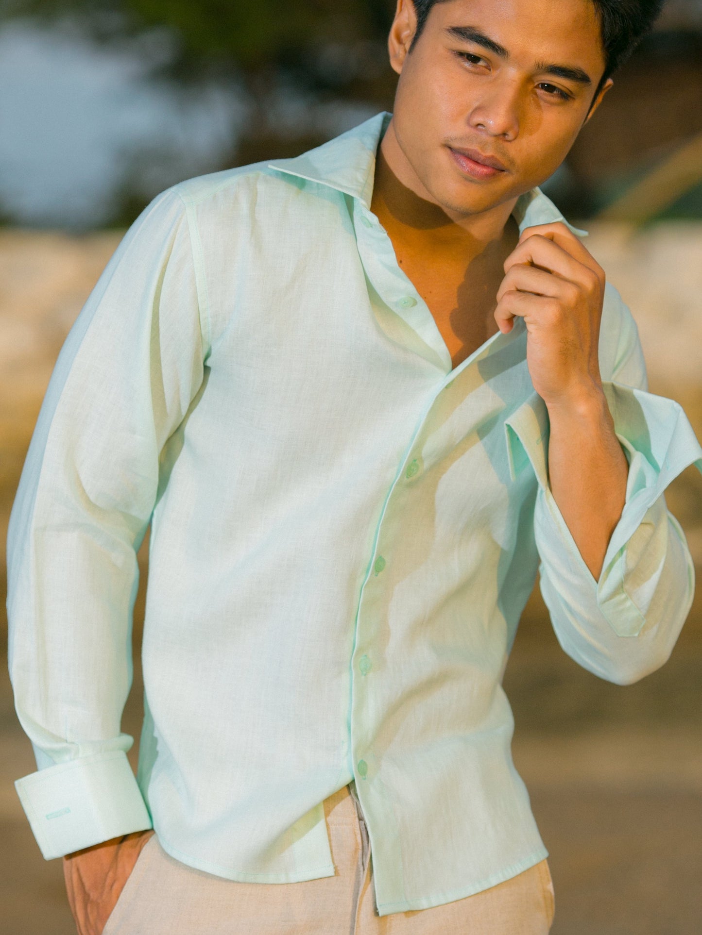 Mens Linen Monaco Shirt French Cuffed Long Sleeve Mint Green Beach Wedding