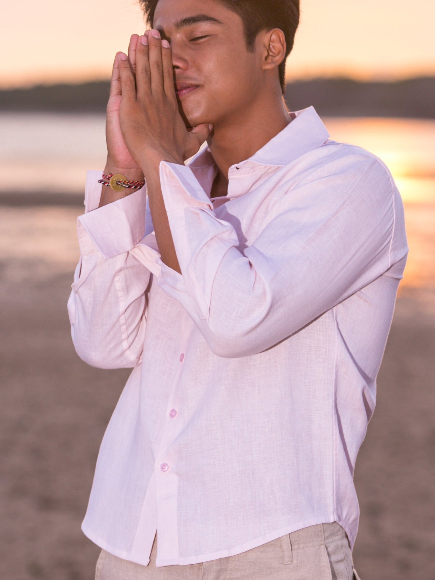 Mens Linen Monaco Shirt French Cuffed Long Sleeve Petal Pink Beach Wedding