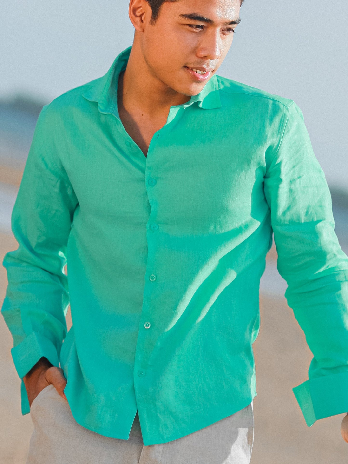 Mens Linen Monaco Shirt French Cuffed Long Sleeve Spa Green Beach Wedding