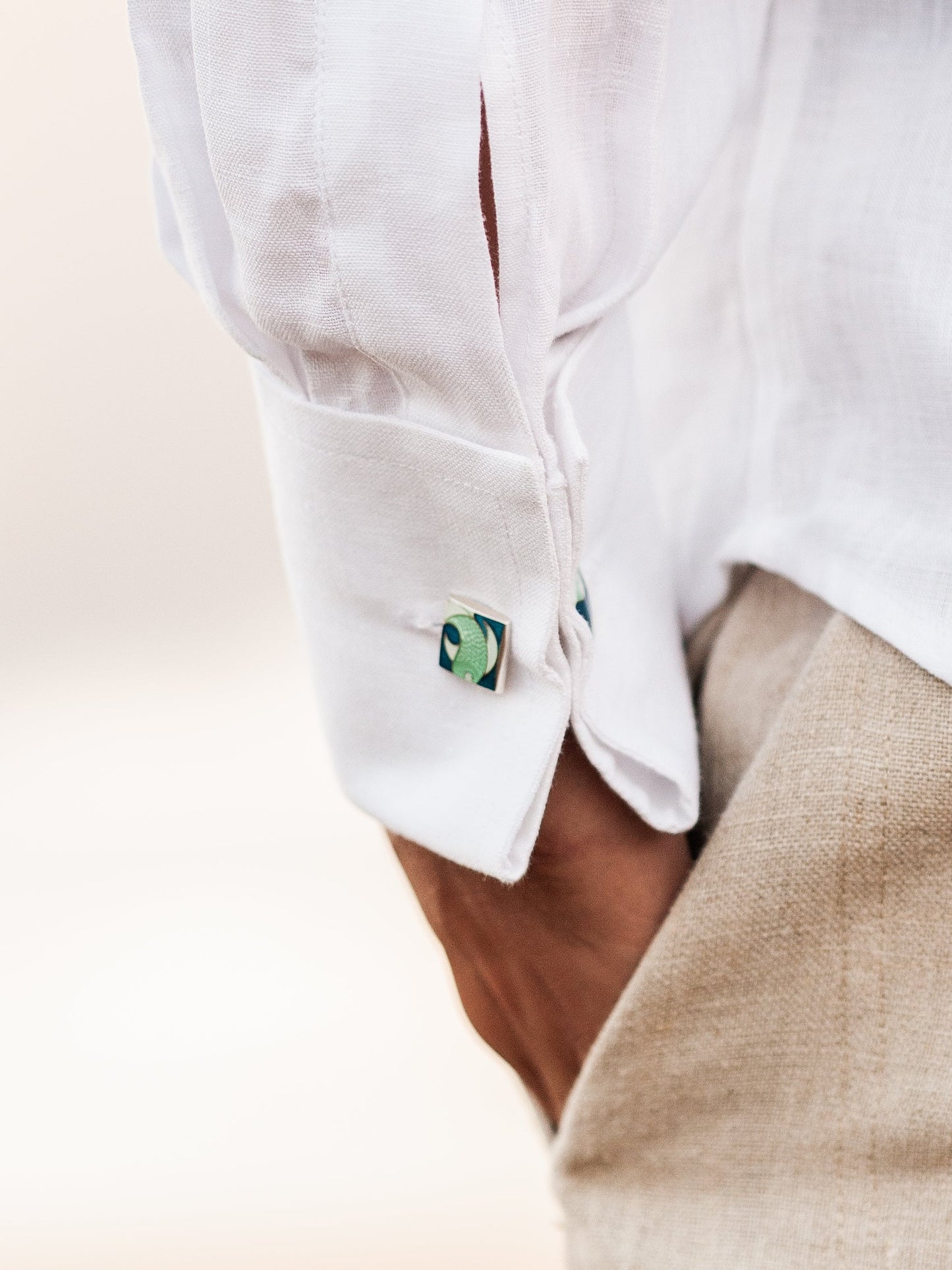 Mens Linen Monaco Shirt French Cuffed Long Sleeve White Beach Wedding Cuff End